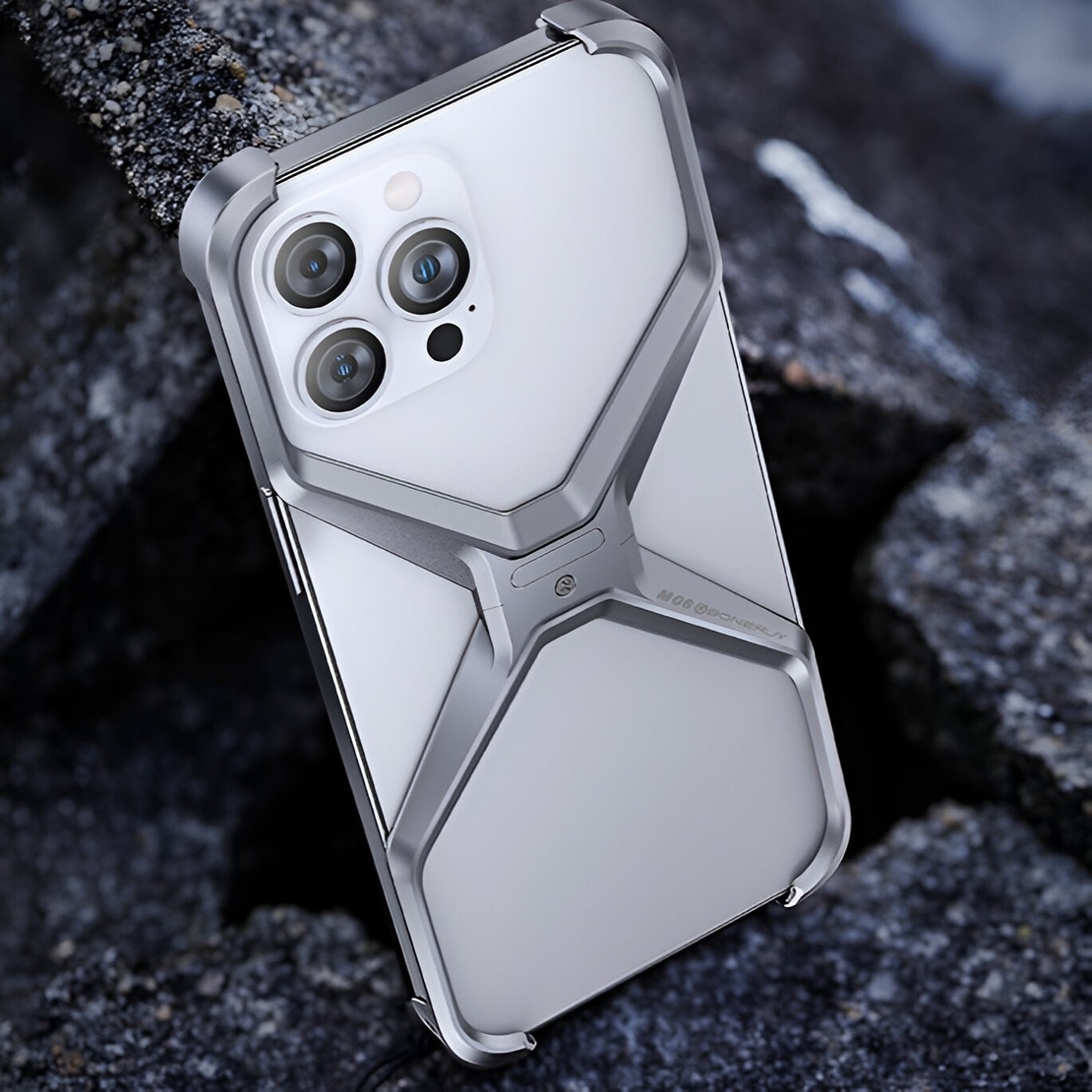 Husa Armor X Compatibila cu iPhone 15 Pro Max, Vafy, Aliaj de Aluminiu, Antisoc, Antizgarieturi, Impermeabila, Margini cu 2 Straturi, Aderent, Montare Usoara, Surubelnita Inclusa, Gri Metalizat
