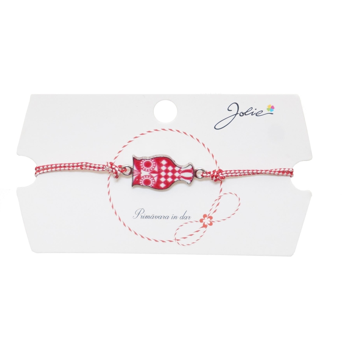 Martisor tip Bratara Traditionala cu Pandantiv, Jolie, Model Bufnita, Snur Impletit Alb/Rosu, Dimensiune Pandativ Aprox 2 cm, Ambalaj cu Design