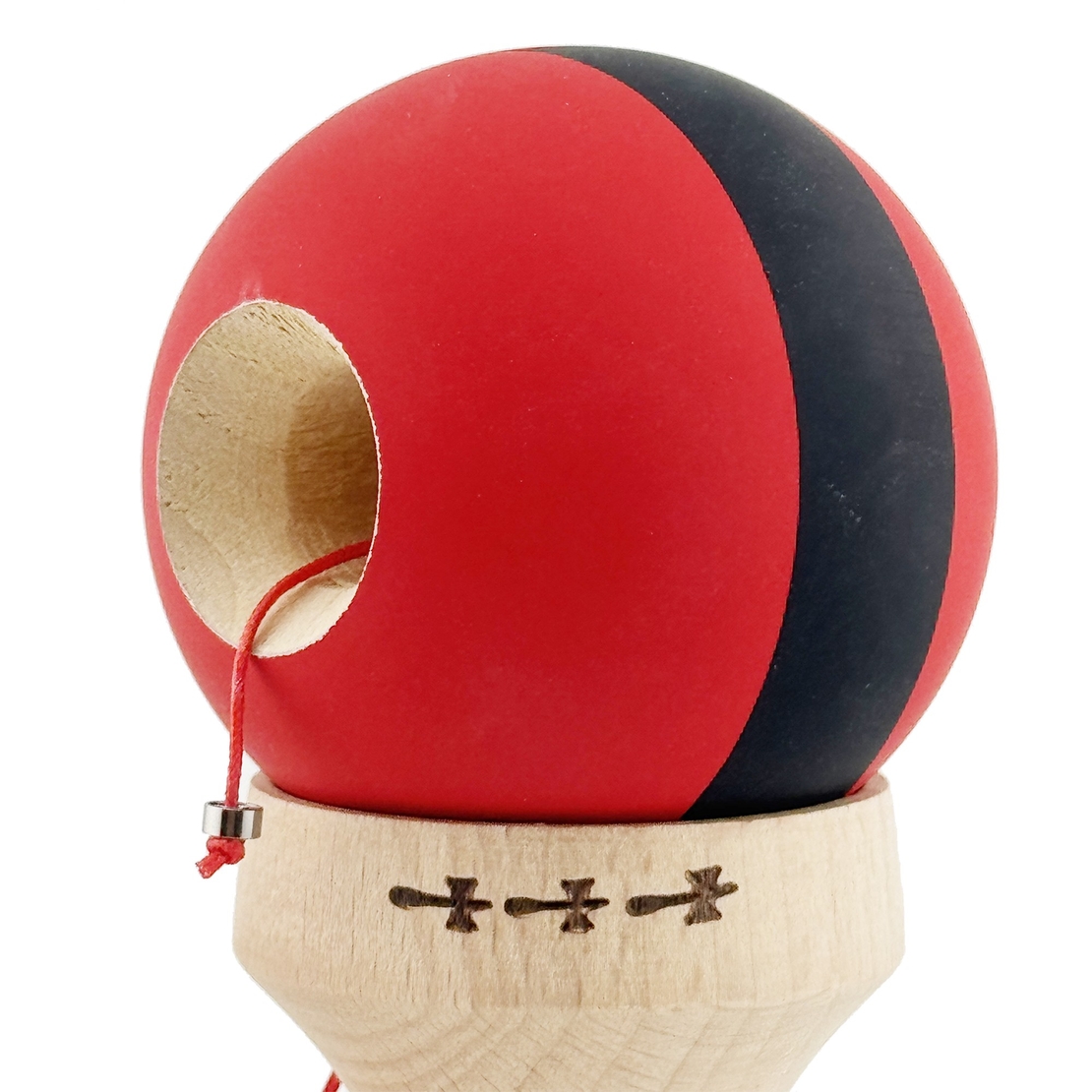 Kendama X Originala, Profesionala, Flippy, Cupe Mari KING SIZE V3, Rubber Grip, Gaura in Baza, Rulment Metalic, din lemn 18 cm, Ata 62/65 cm, M Bicolor Rosu Dublu/Negru