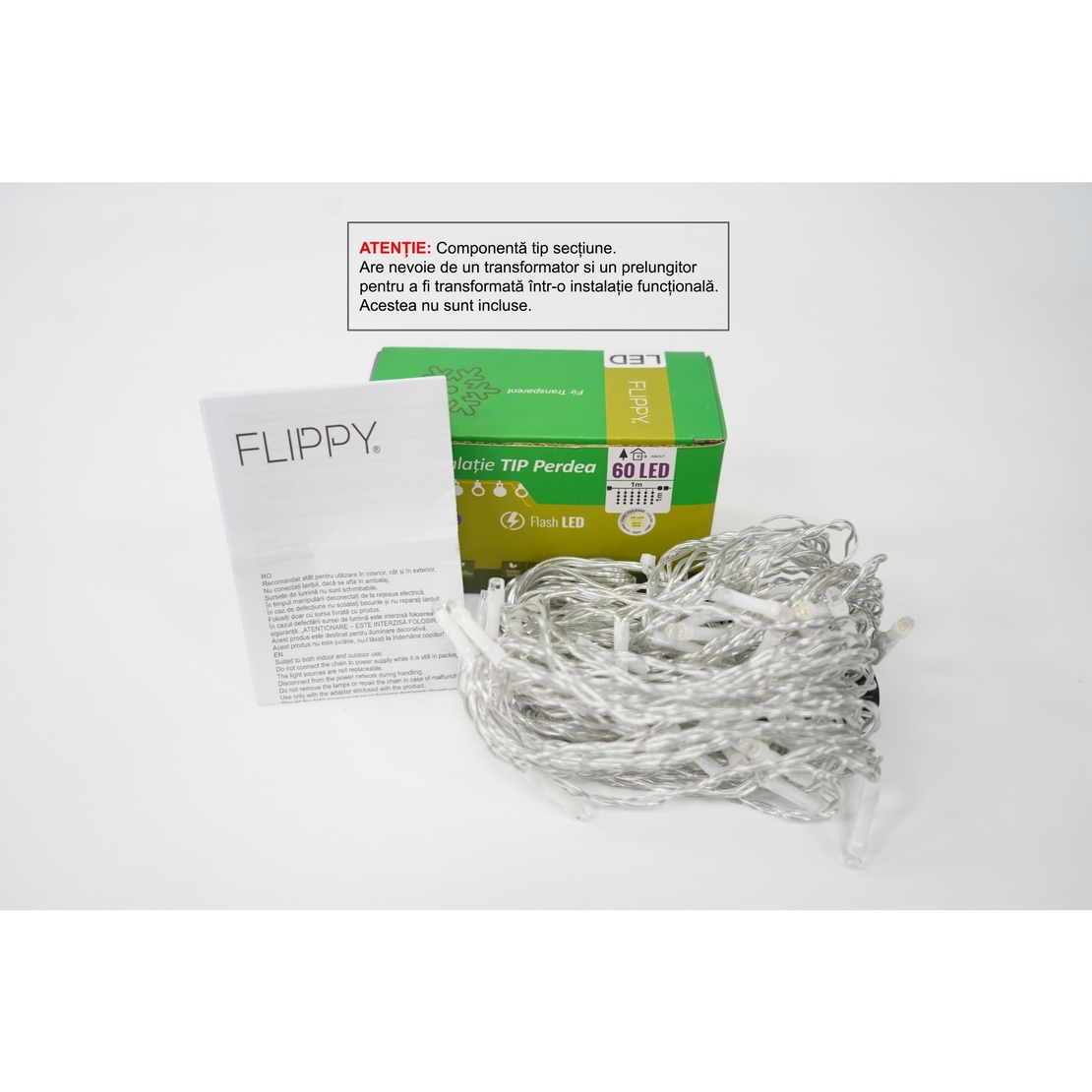 Sectiune Instalatie de Craciun Vafy Tip Perdea, cu Flash, 1 m x 1 m, 60 LED-uri, Interconectabila, Fir Transparent, Alb-cald