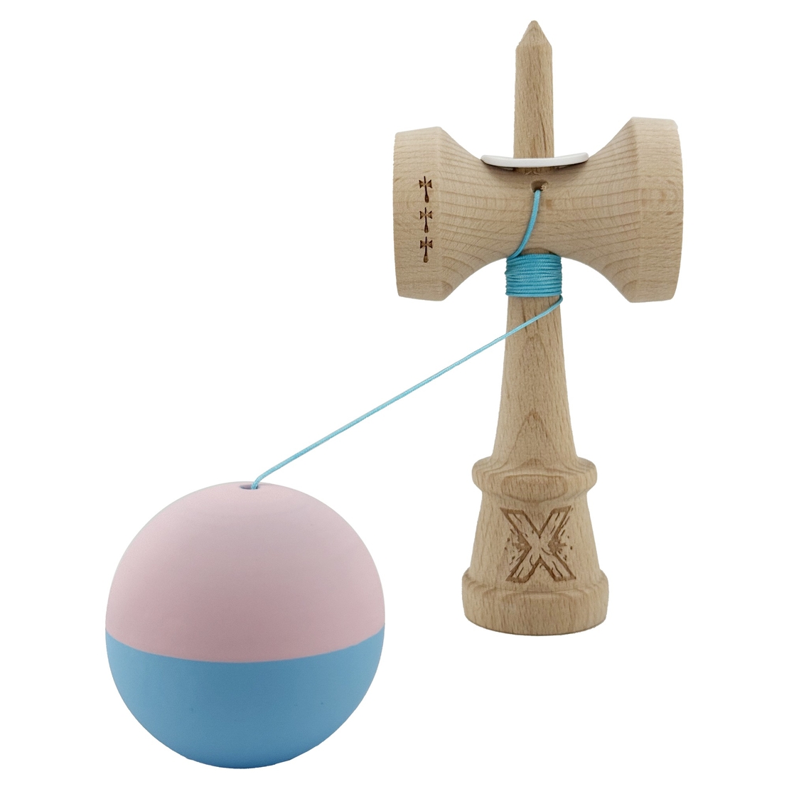 Kendama X Originala, Profesionala, Flippy, Rubber Grip, Cupe Mari KING SIZE V3, Gaura in Baza, Rulment Metalic, din lemn 18 cm, Ata 62/65 cm, Bicolor Roz/Bleu