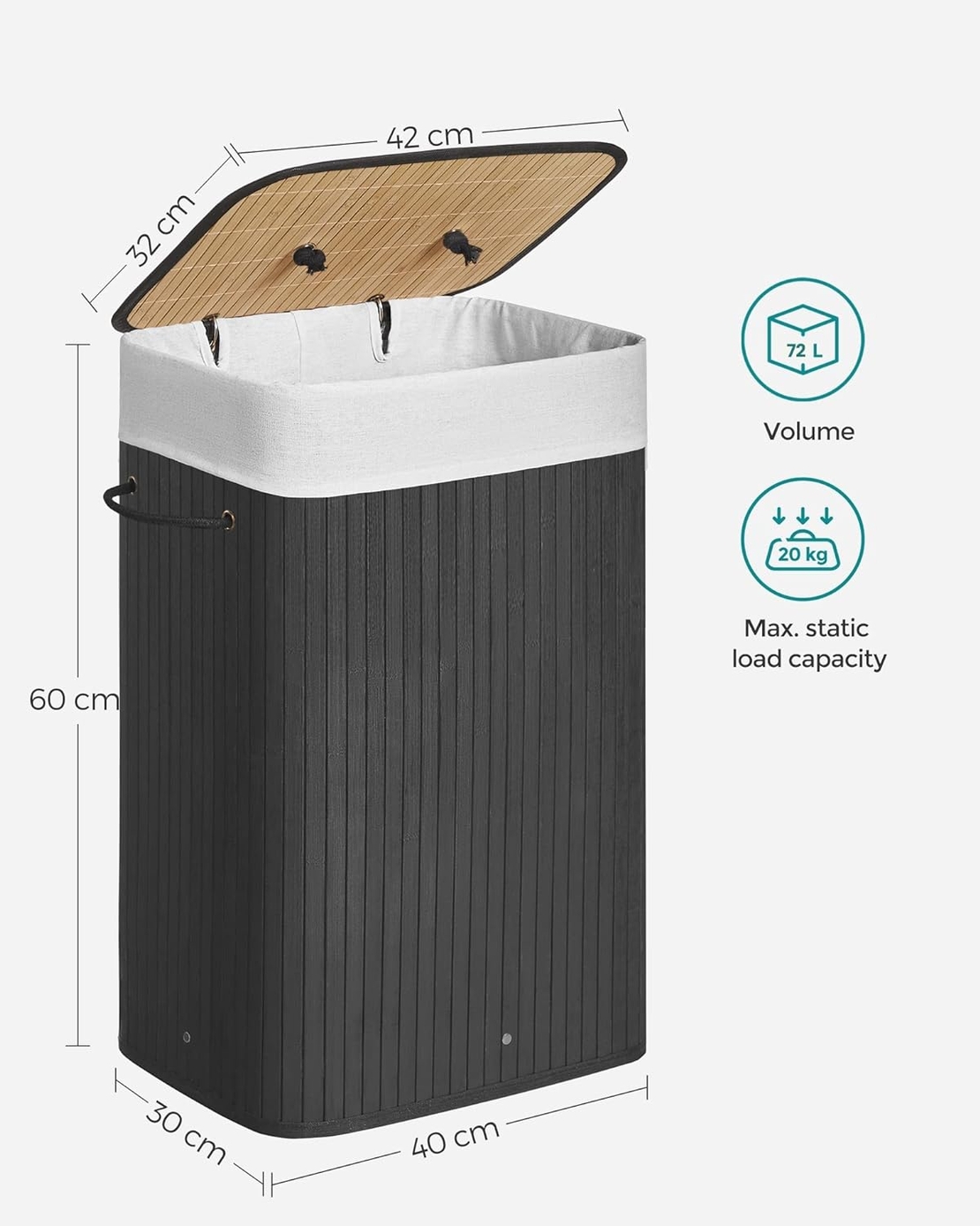 SONGMICS Cos de rufe din bambus, pliabil, cu captuseala detasabila lavabila, 72L, 40x30x60cm, negru