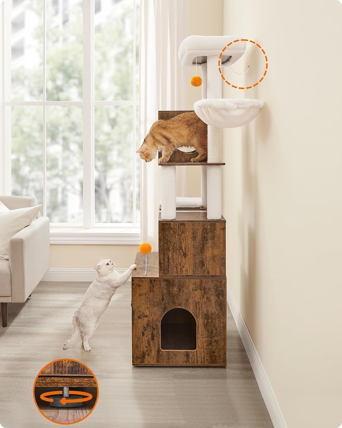 FEANDREA Ansamblu pentru pisici din PAL, plus si sisal, cu dulap litiera, 185 cm, platforme multiple, perne lavabile, maro rustic