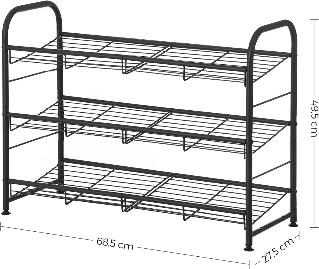 SONGMICS Raft de depozitare pantofi, din metal, pe 3 niveluri, cu rafturi unghiulare reglabile, 28x69x50cm, negru