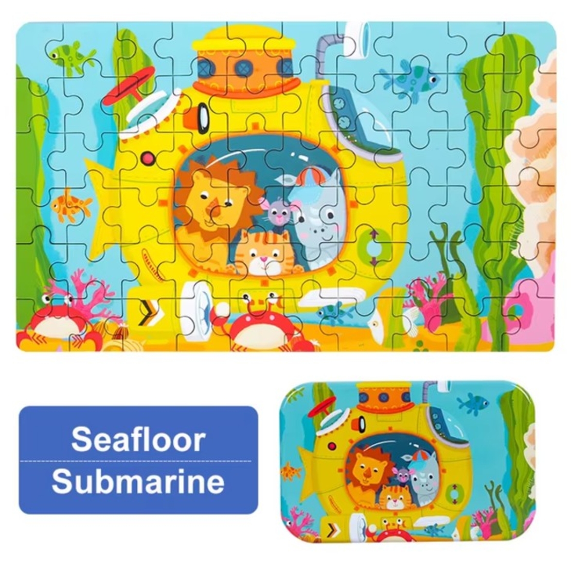 Puzzle 60 de Piese din Lemn in Cutie Metalica, Flippy, Model Submarin, Educativ, Dezvoltare Abilitati Cognitive, pentru Prescolari, 22.5x13.5 cm