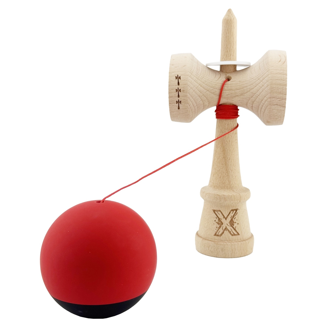 Kendama X Originala, Profesionala, Flippy, Cupe Mari KING SIZE V3, Rubber Grip, Gaura in Baza, Rulment Metalic, din lemn 18 cm, Ata 62/65 cm, Bicolor Rosu/Negru