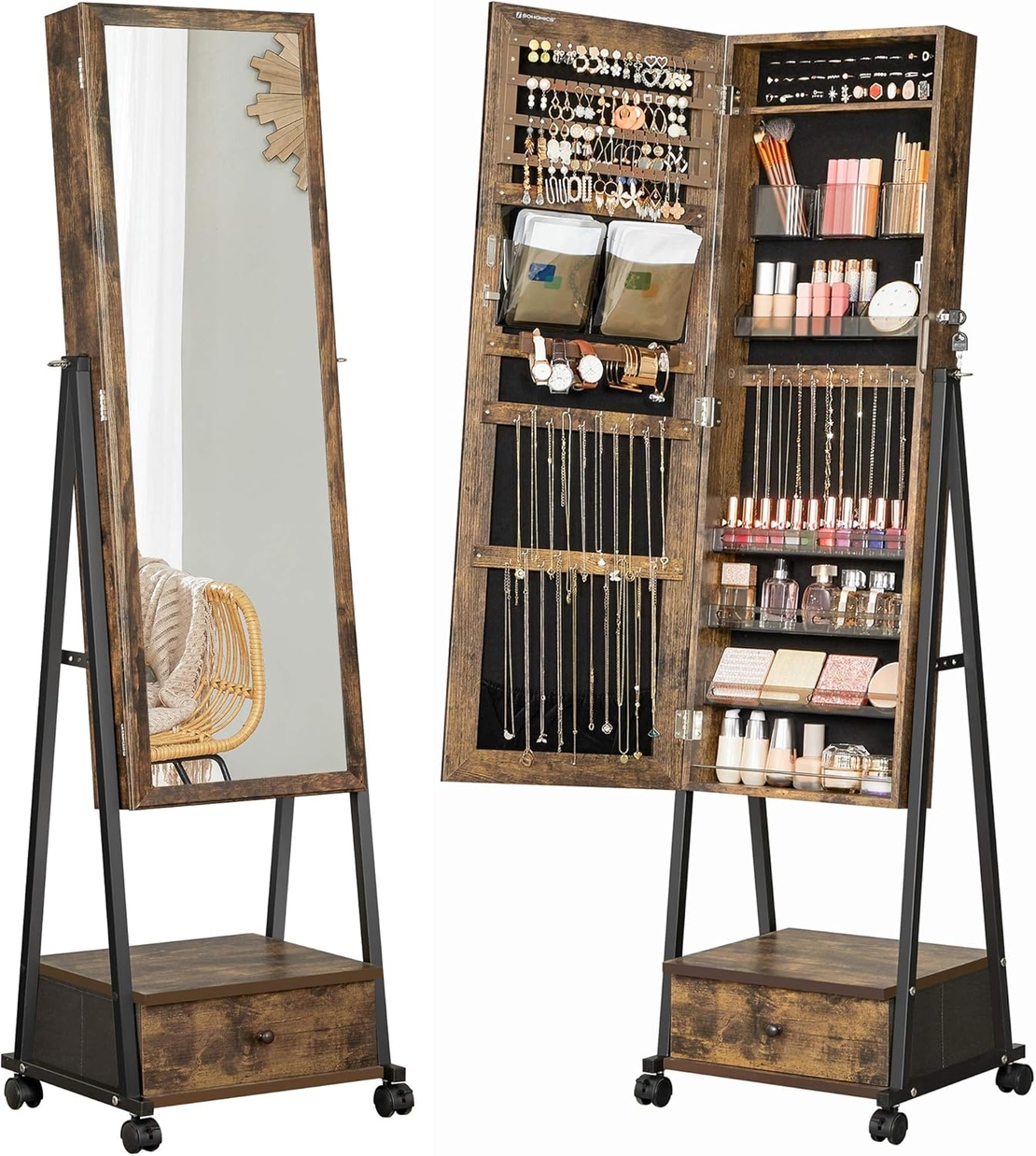 SONGMICS Oglinda de podea cu suport mobil pe roti, spatiu de depozitare, 42x37x153 cm, maro rustic