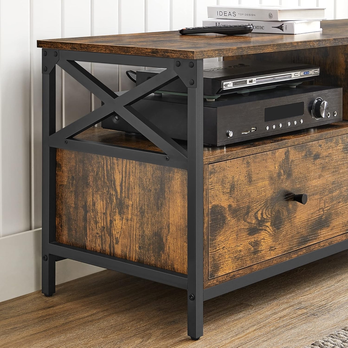 VASAGLE Comoda TV cu 2 sertare si 2 rafturi, cadru metalic, stil industrial, 120x40x50 cm, maro rustic