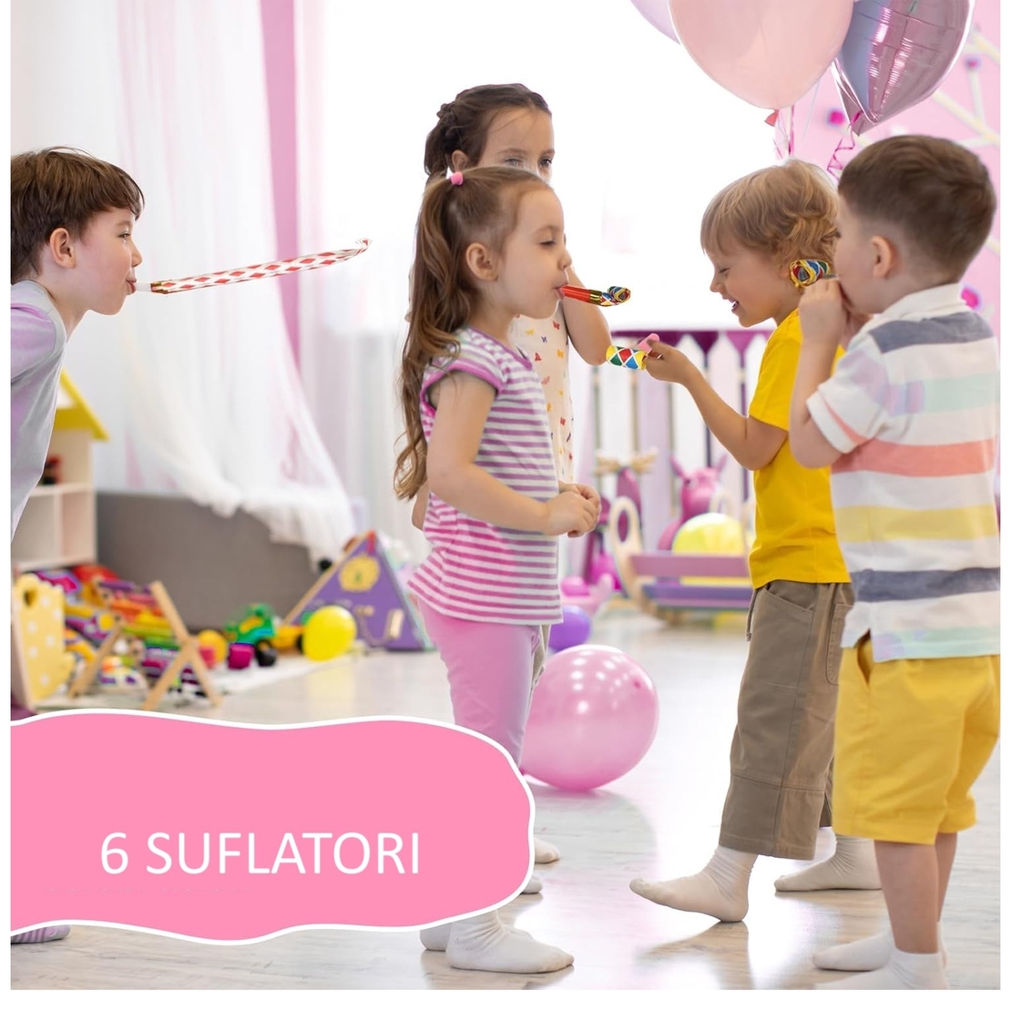 Set 6 Suflatori, Flippy, Colectia LA MULTI ANI, 19 x 11 cm, din Carton/Plastic/Hartie, Multicolor