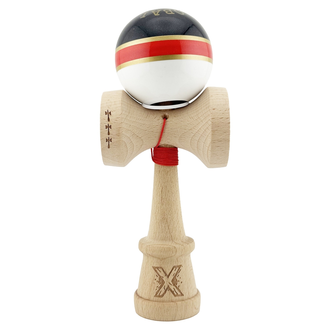Kendama X Originala ROYAL SPIKE, Profesionala, Flippy, Cupe Mari KING SIZE V3, Super Sticky, Gaura in Baza, Rulment Metalic, din lemn 18 cm, Ata 62/65 cm, Inel Rosu