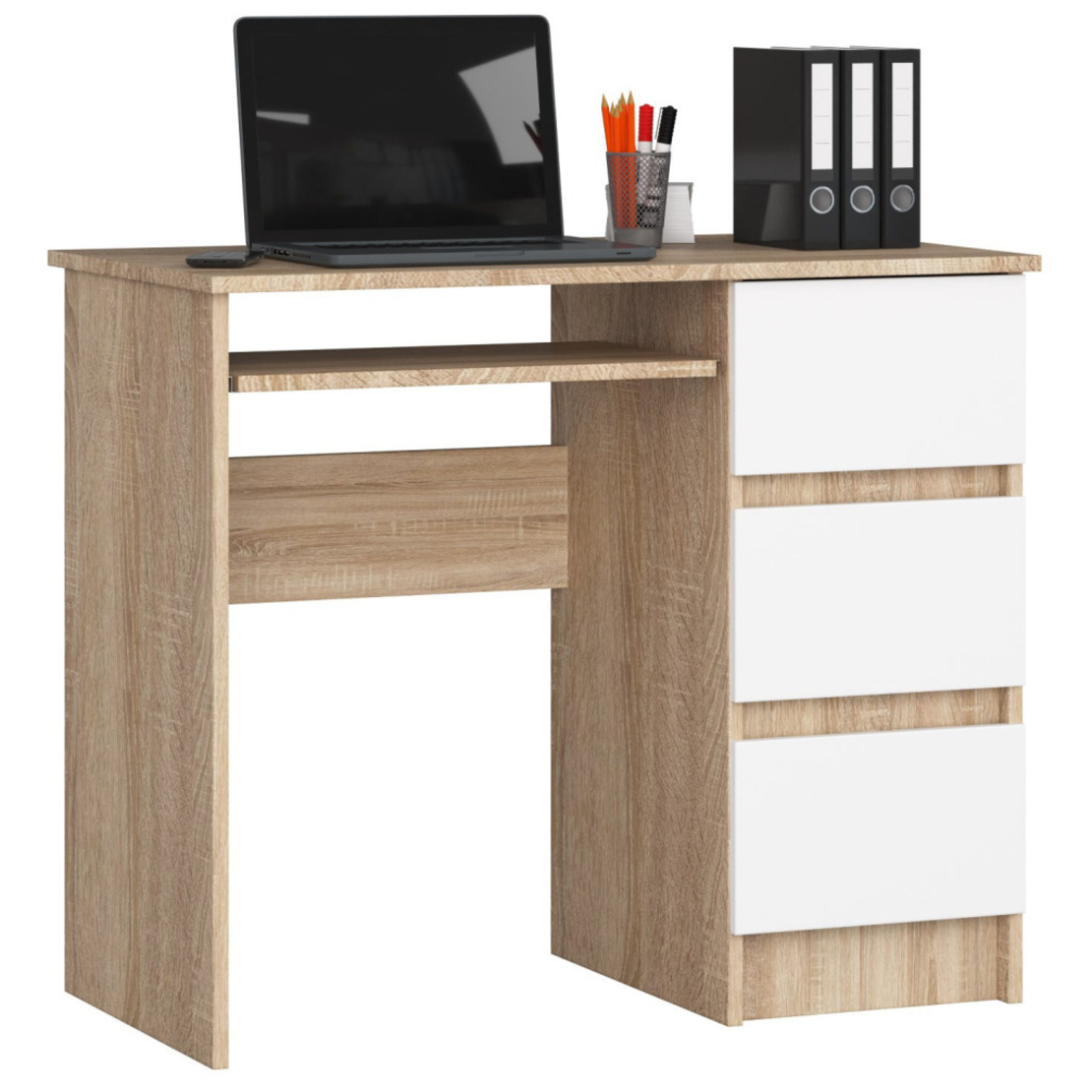 Birou computer cu 3 sertare si raft pentru tastatura, dreapta, 90x50x77 cm, stejar sonoma si alb