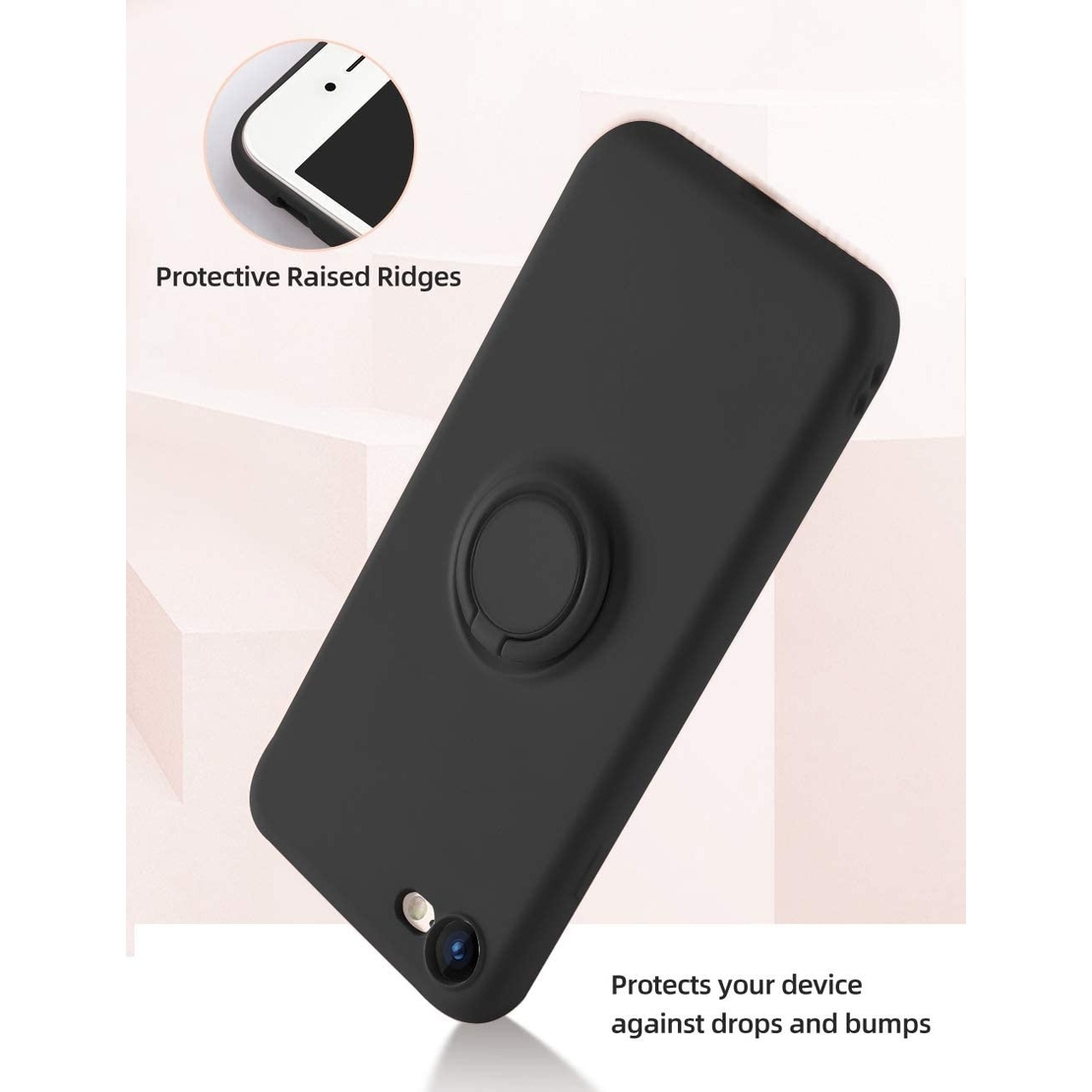Husa protectie Vafy compatibila cu Apple iPhone 7/8/SE 2020 Liquid Silicone Ring cu suport rotativ Negru