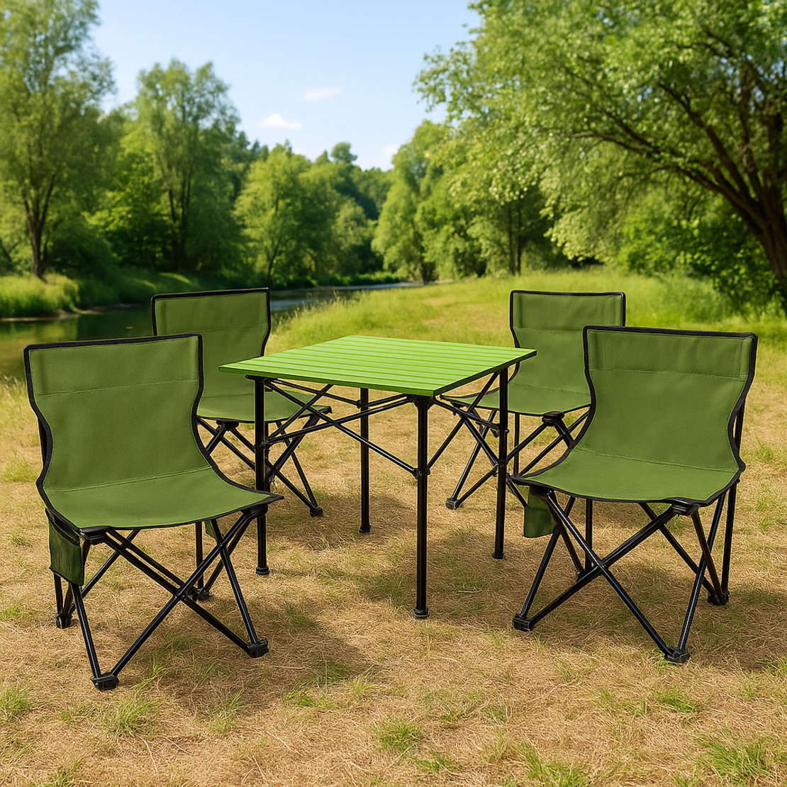 Set camping 5 in 1 cu masa si 4 scaune pliabile, structura otel si blat aluminiu, 53x52x50 cm, verde