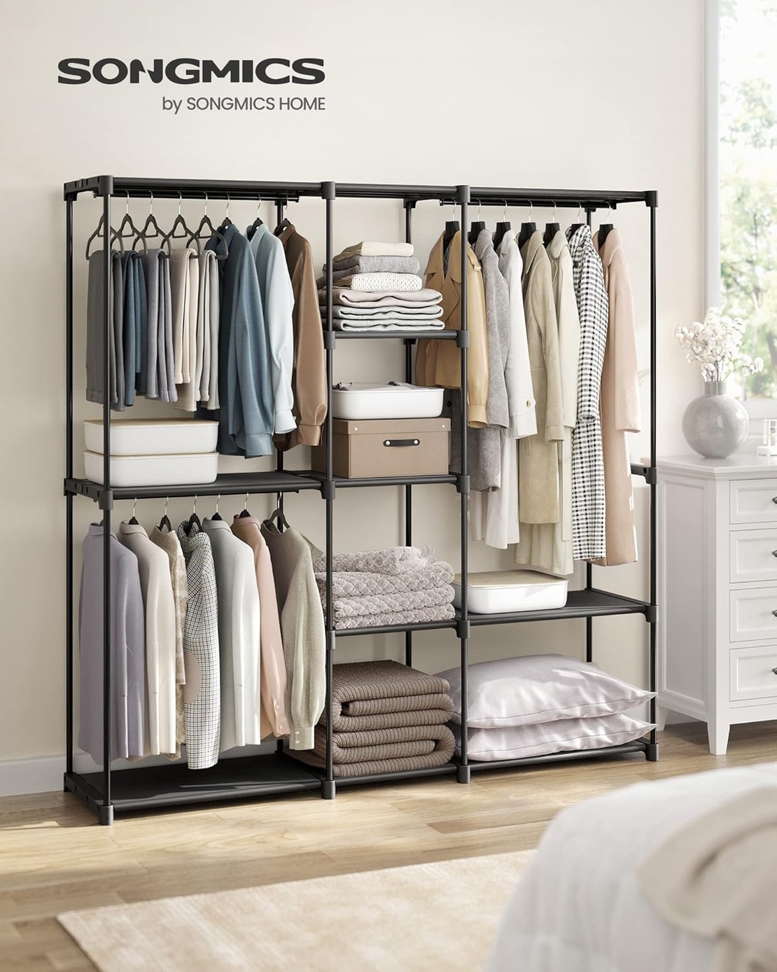 SONGMICS Dulap portabil pentru haine cu 3 bare de suspendare si rafturi, structura metalica, 43x182x182 cm, negru
