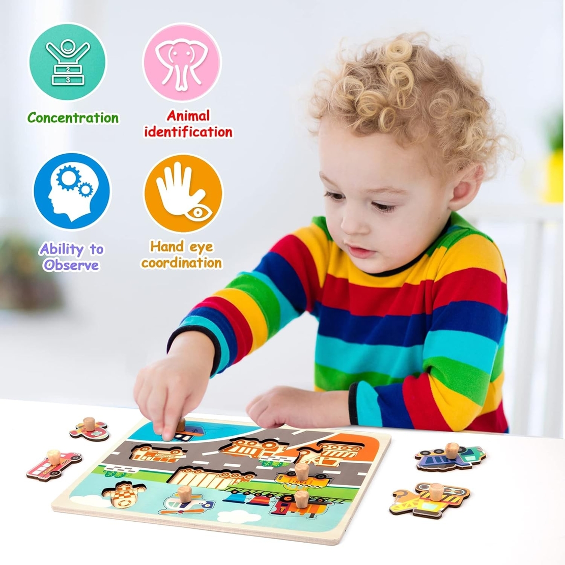 Puzzle Montessori din Lemn pentru Copii, Flippy, 0-3 Ani, 3D, Model Transporturi, Educativ, Intuitiv, Creativ, 9 Piese, 30x22.5x0.8 cm, Multicolor