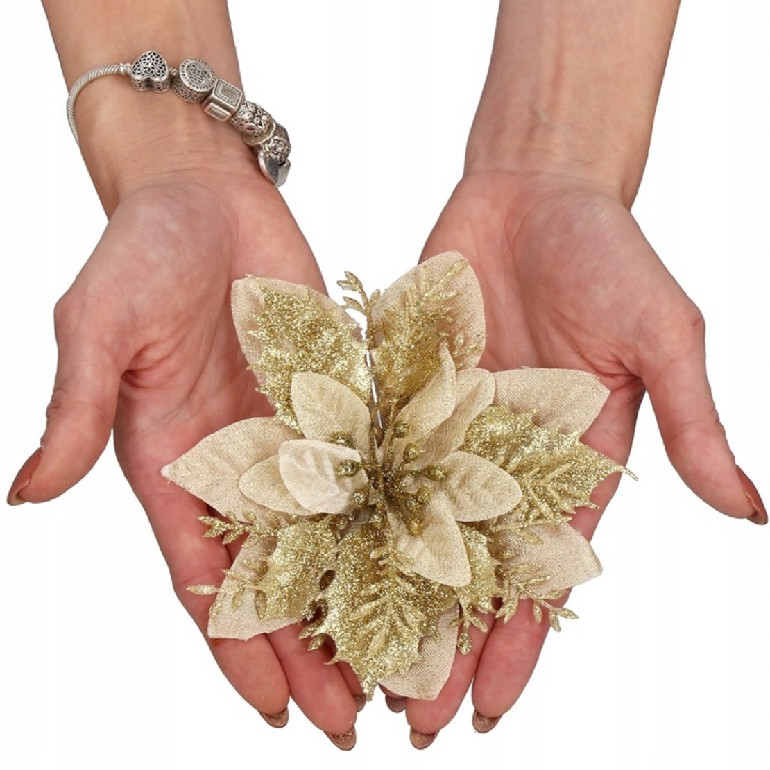 Set 10 ornamente pentru bradul de Craciun, stea Poinsettia, 13cm, auriu crem