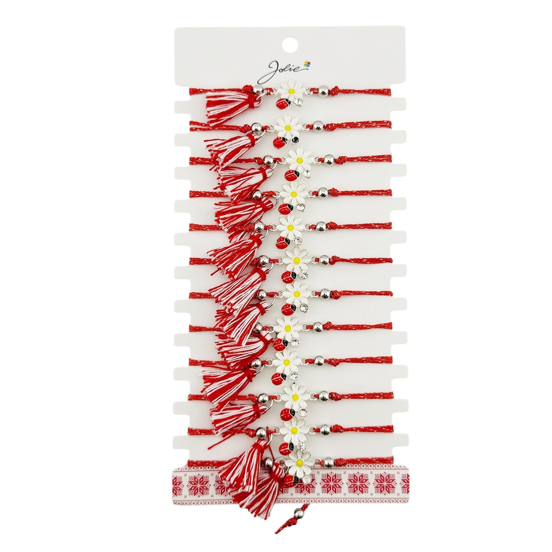 Martisor Bratara cu Ciucure pentru Dama, Jolie, Model Margareta cu Buburuza, Set 12 bucati, Pandativ din Inox, Snur Reglabil, Rosu/Alb