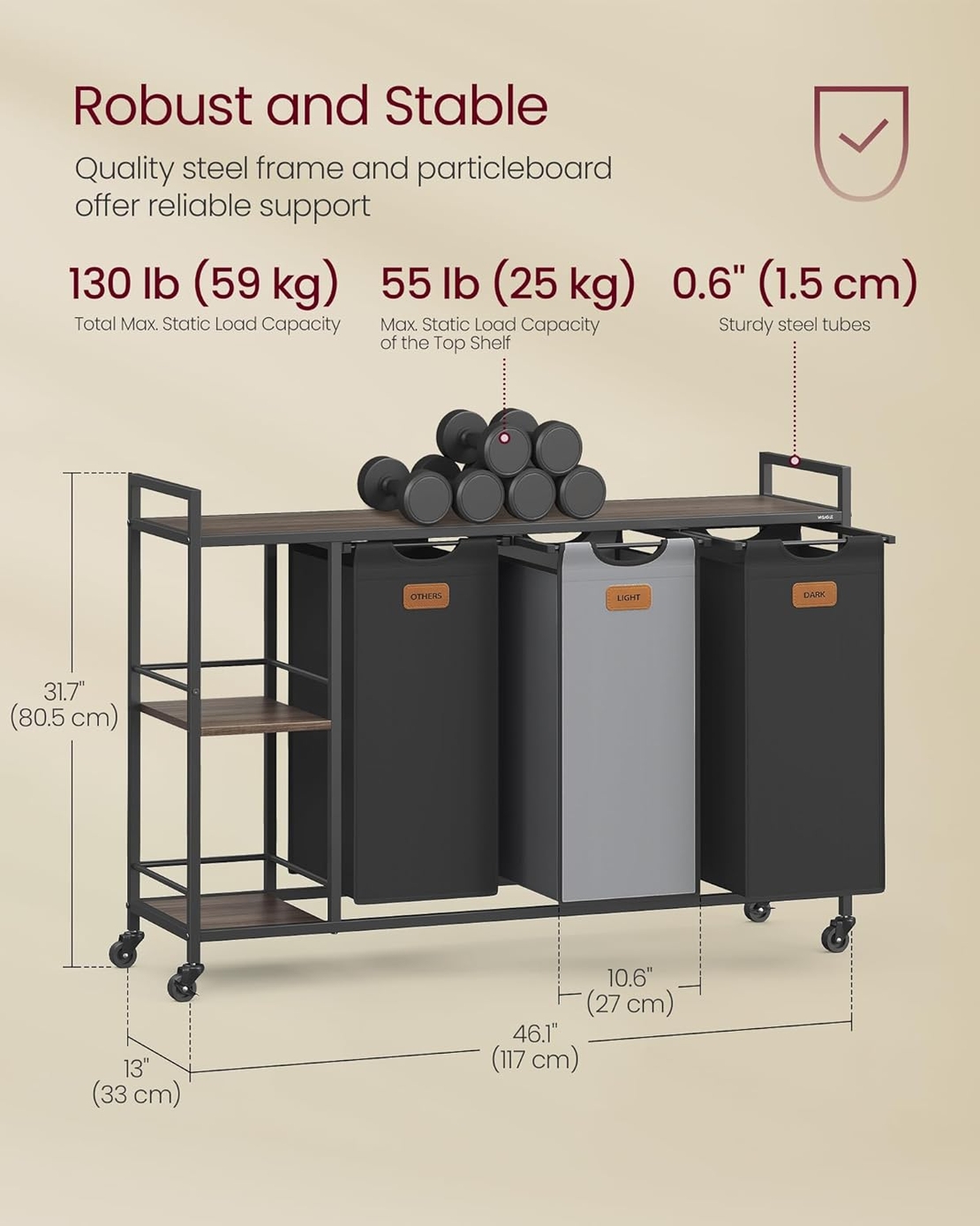VASAGLE Cos de rufe cu rafturi si roti, 3 compartimente cu saci de rufe detasabili, 3x50 litri, 117x33x81 cm, maro si negru