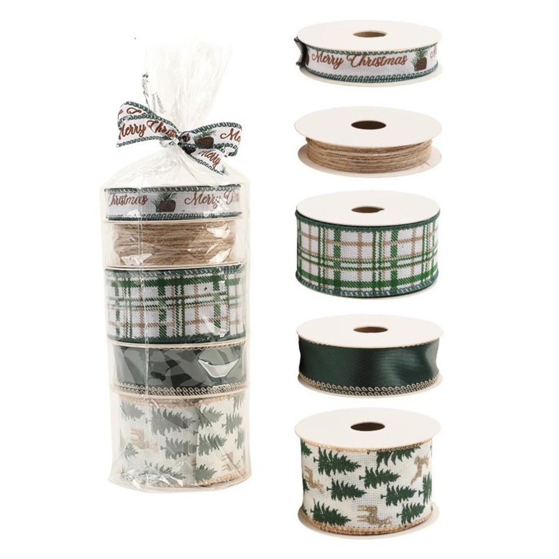 Panglica Decorativa cu Tematica de Craciun, Flippy, Set din 4 bucat + 1 Rulon Ata Maro, Panglica pentru Cadou de Craciun Brad si Decor, 2 M per bucata, Model Brad, Alb Verde