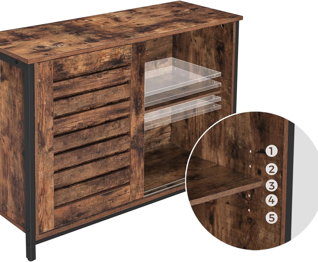 VASAGLE Comoda cu usi glisante pentru bucatarie sau living, cadru metalic, stil industrial, 100x35x70 cm, maro rustic