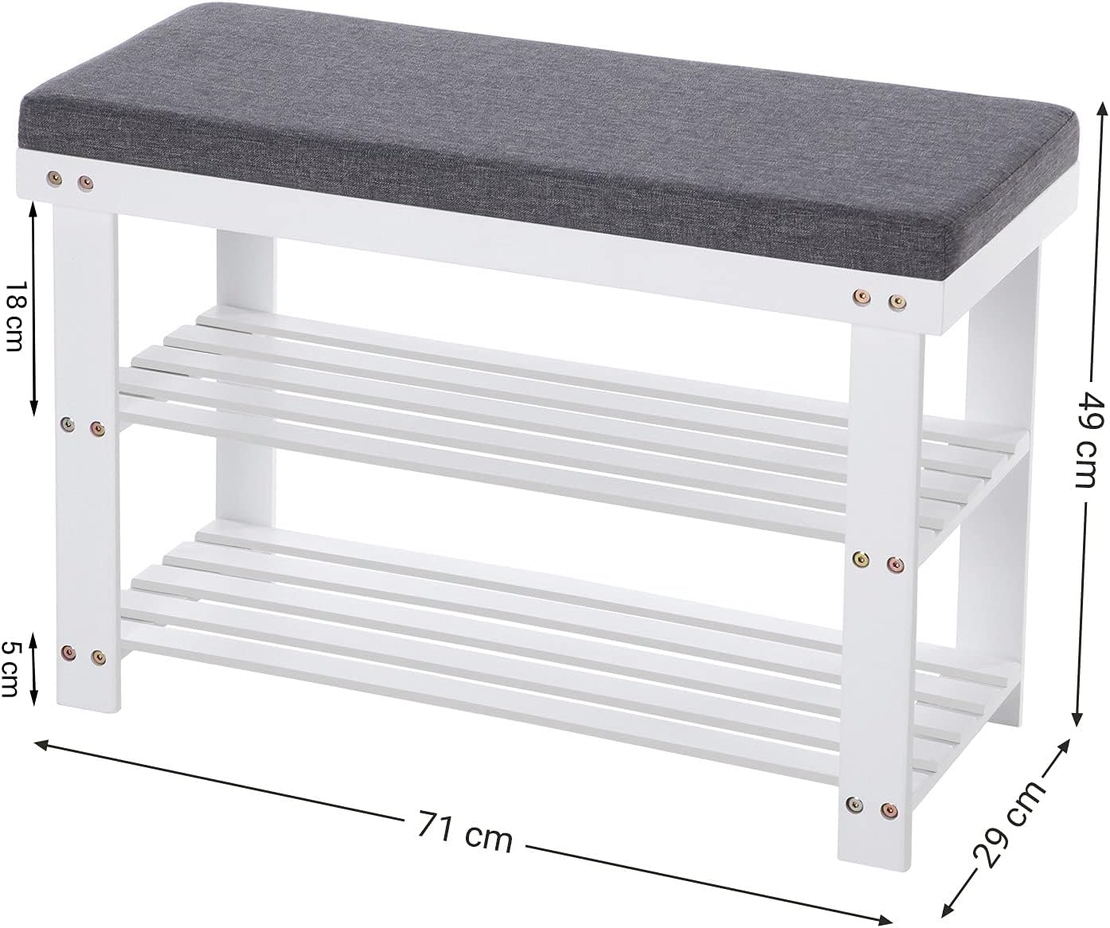 SONGMICS Banca pentru pantofi din bambus, 2 niveluri, cu perna, sarcina 150 kg, 71x29x49 cm, alb si gri