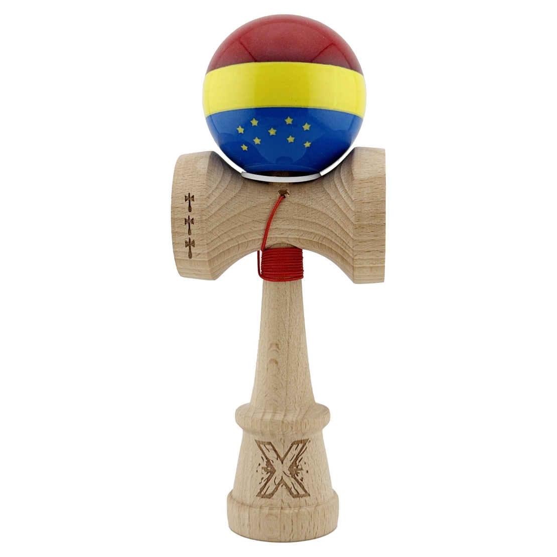 Kendama X Originala, Profesionala, Flippy, Tricolor Edition cu Stele, Super Sticky cu Cupe Mari KING SIZE V3, Rulment Metalic si Gaura in Baza, din Lemn 18 cm, Ata 62/65 cm, Multicolor