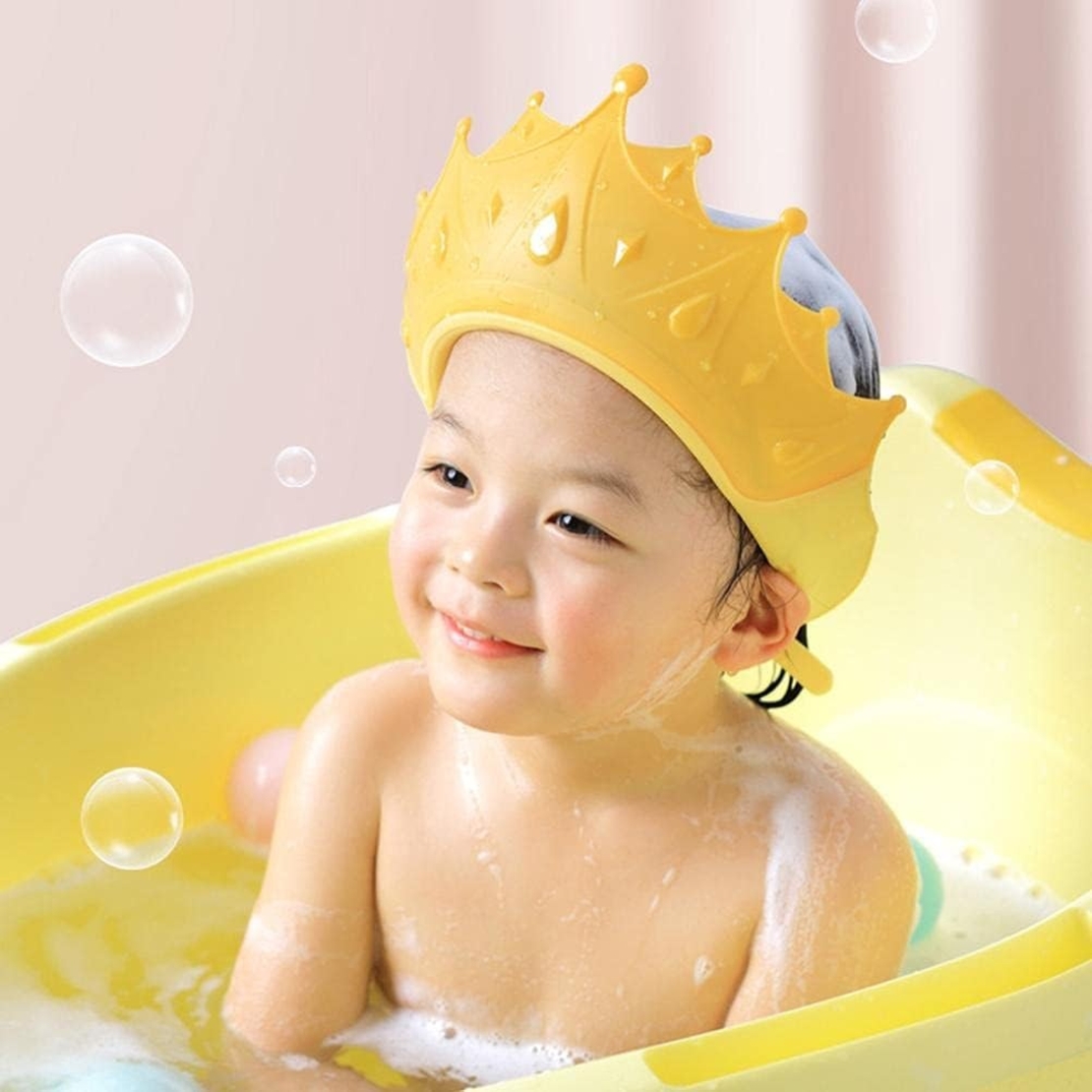Viziera de Protectie Baie Pentru Copii, Fippy, Model Coroana, Dimensiune ajustabila, Durabil, Usor de curatat, Impotriva Samponului, pentru Ochi si Urechi, TPE+PP, Galbena