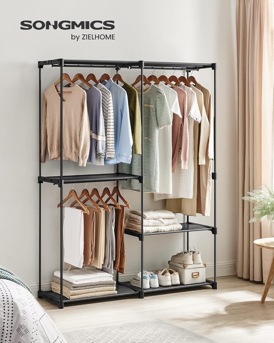 SONGMICS Dulap de haine portabil, cu 3 bare de agatat si rafturi, 138x43x182 cm, negru