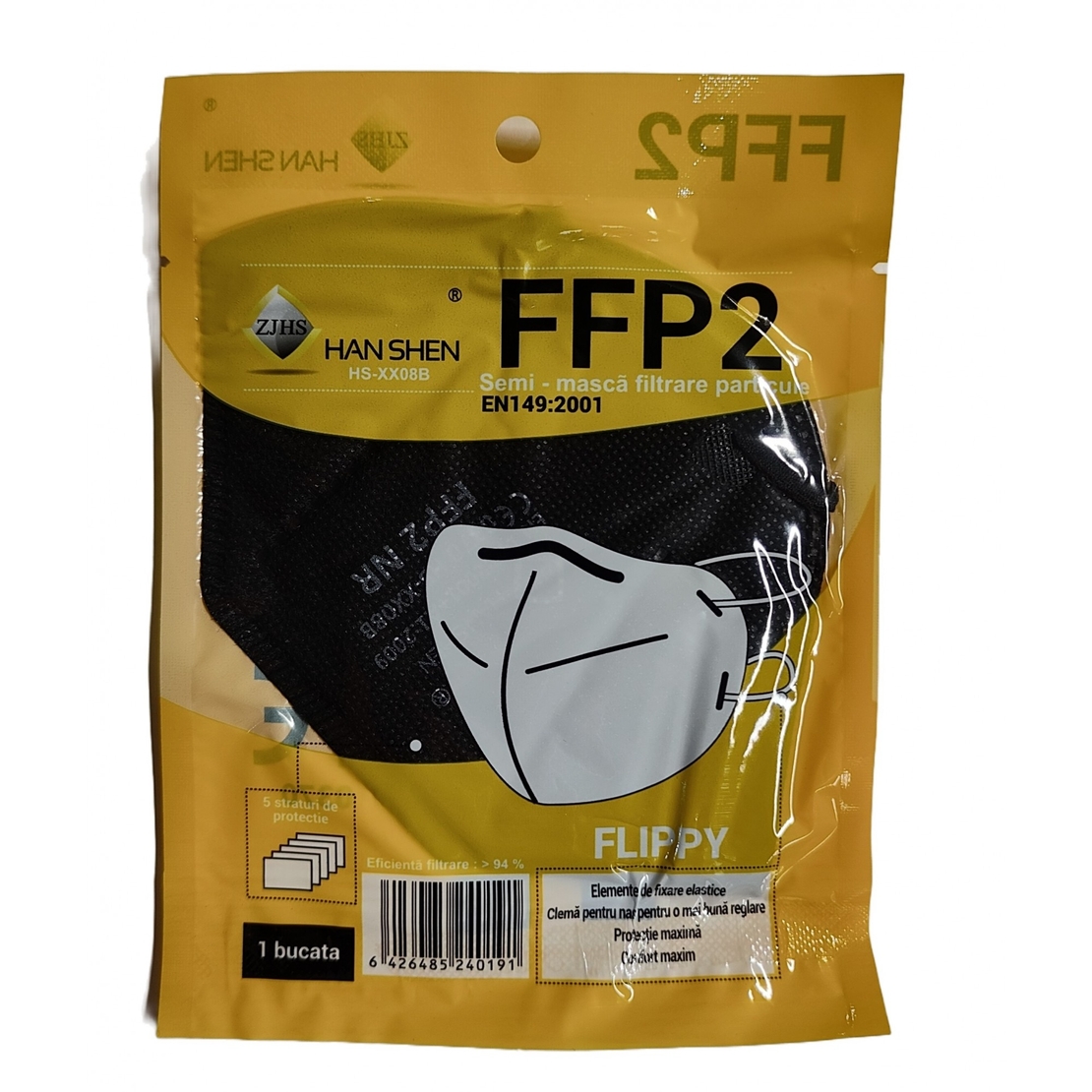 Set 4 bucati Masca de protectie faciala, Flippy, de unica folosinta pentru adulti, FFP2, KN95 CE 0370, 5 straturi, nesterila, ambalaj individual, Negru