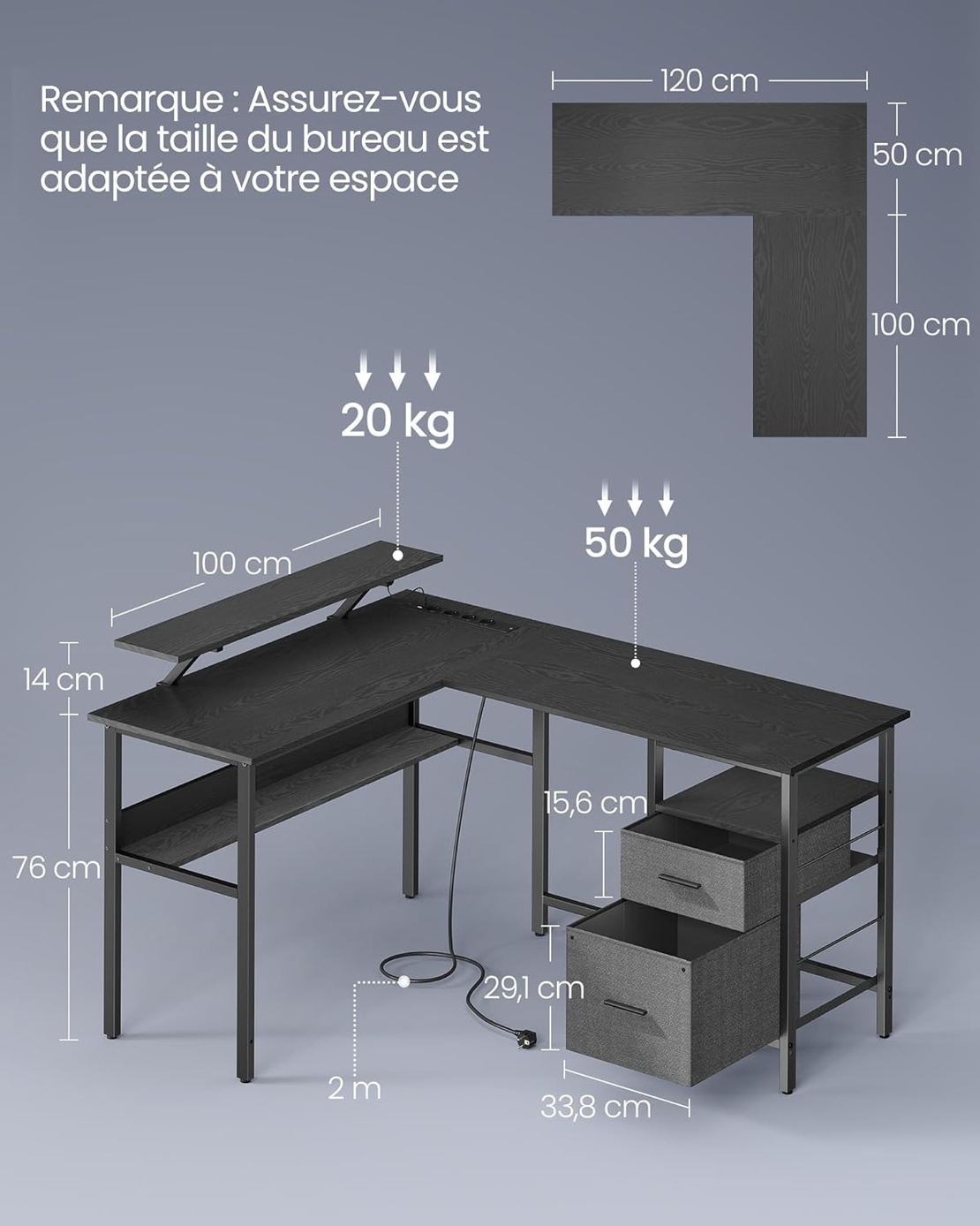 VASAGLE Birou in forma de L, suport monitor, raft si 2 sertare, 4 prize si 2 USB, 120x150x76 cm, negru
