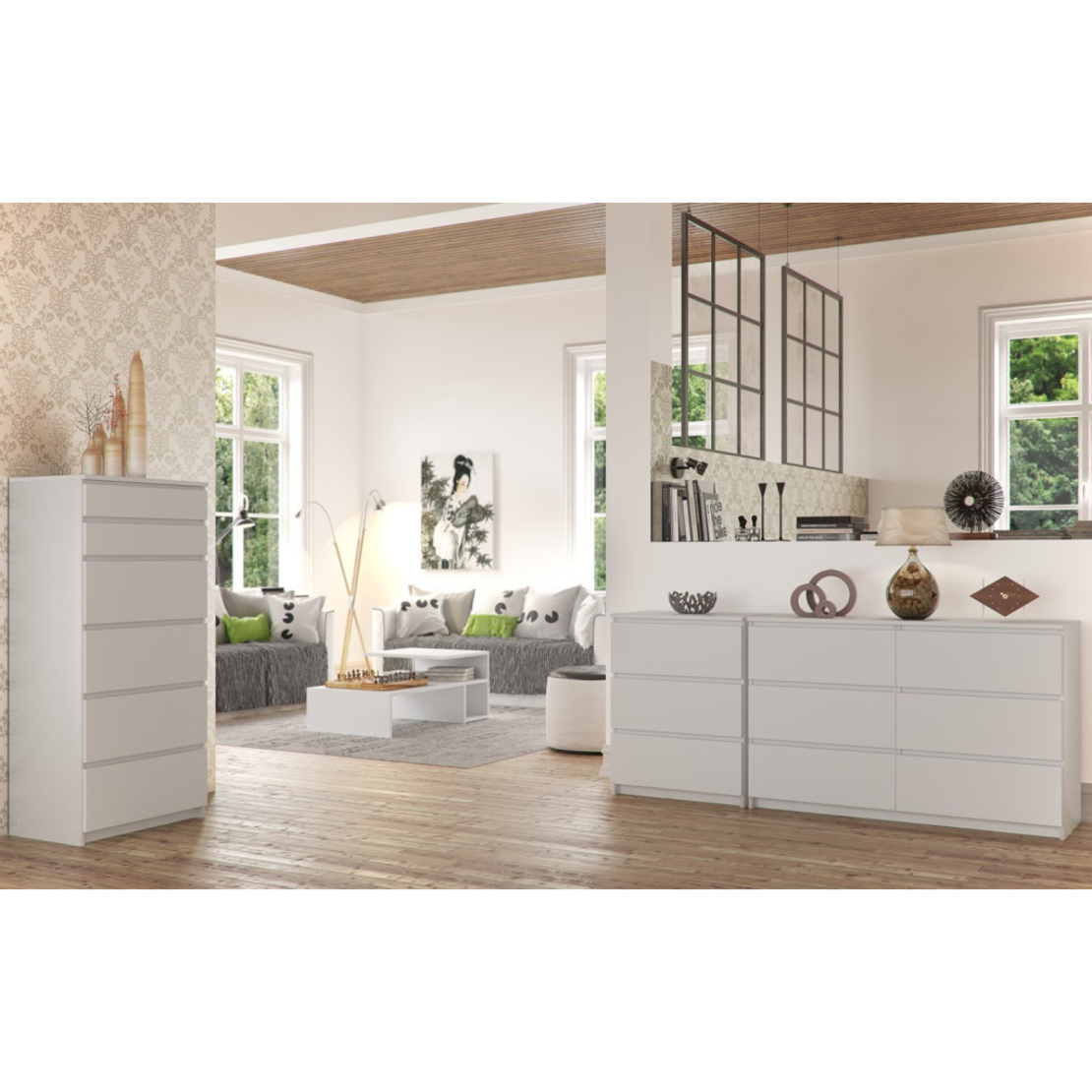 Comoda K160, cu 4 sertare si 2 dulapuri, PAL laminat 16 mm, 160x40x99 cm, alb