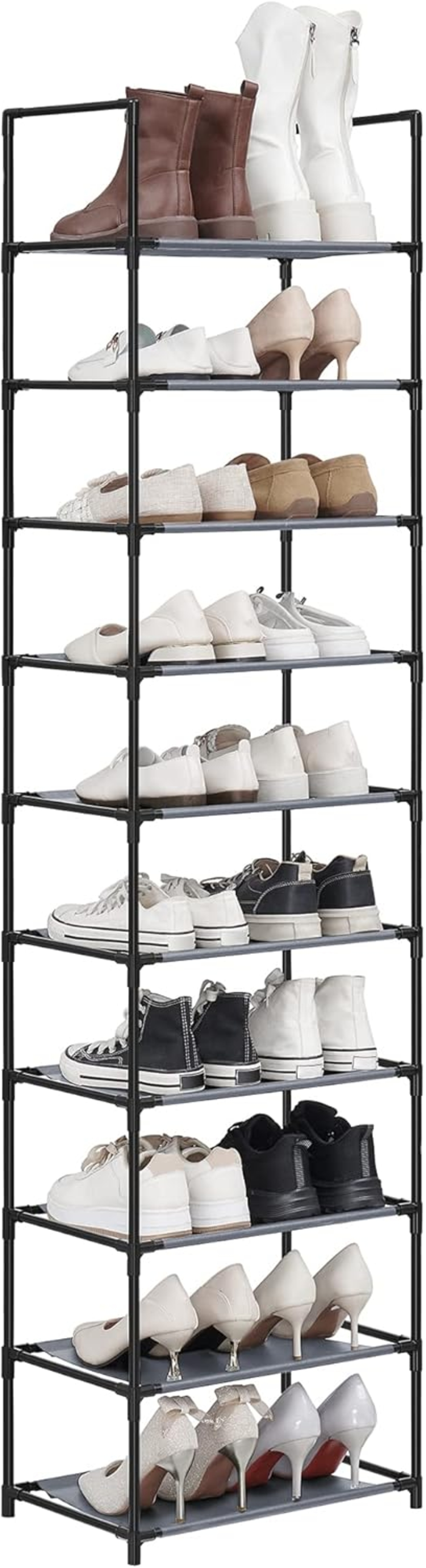 SONGMICS Pantofar cu 10 niveluri, cadru metalic si rafturi textile, 28x45x173 cm, gri