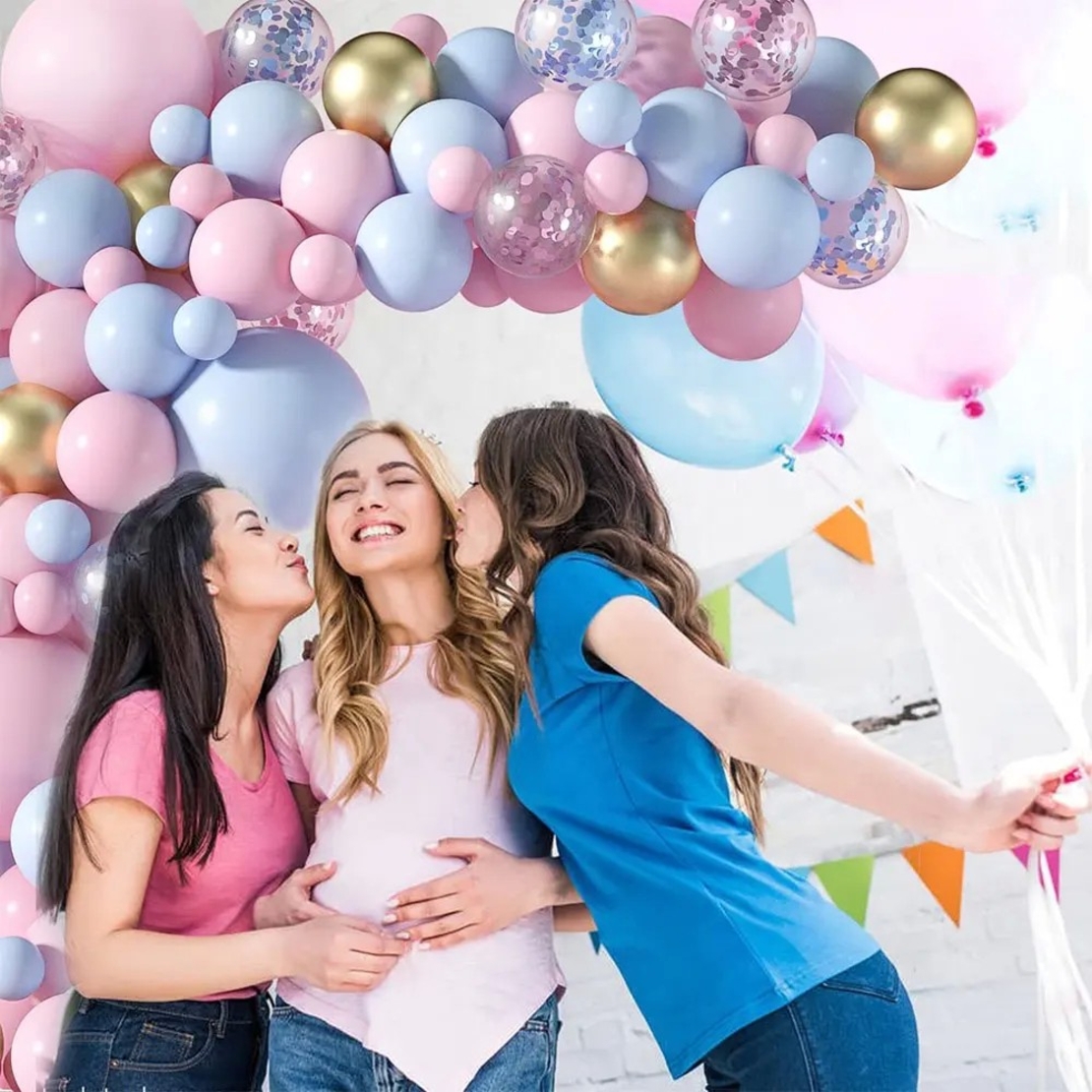 Baloane decorative pentru GENDER PARTY, Flippy, Arcada Set 130 baloane, Arcul de Baloane Roz si Albastru, Baloane Confetti Aurii, Multicolor