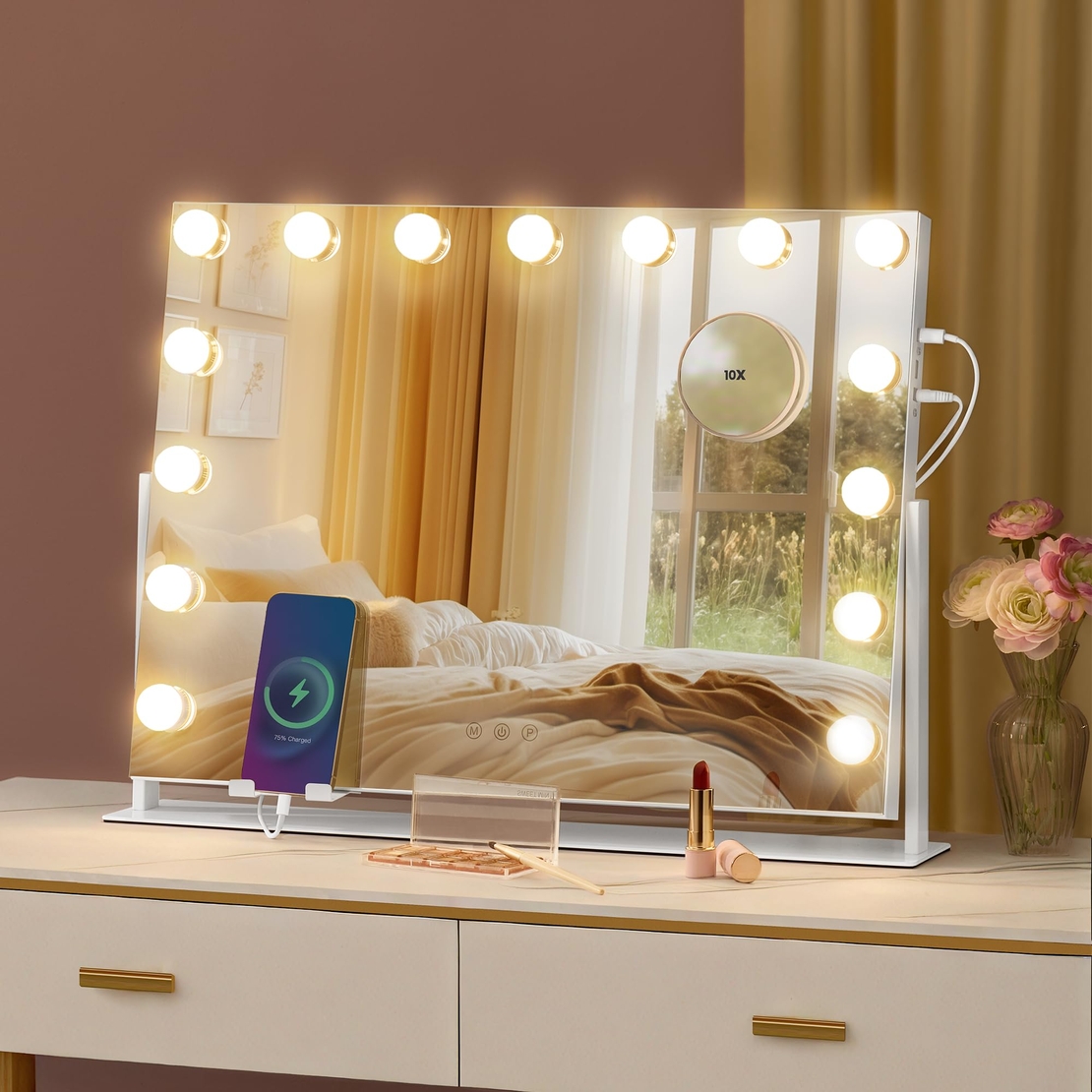 SONGMICS Oglinda machiaj cu iluminare LED, 3 culori lumina, suport telefon, porturi USB, zoom 10x, 58x43 cm, alb