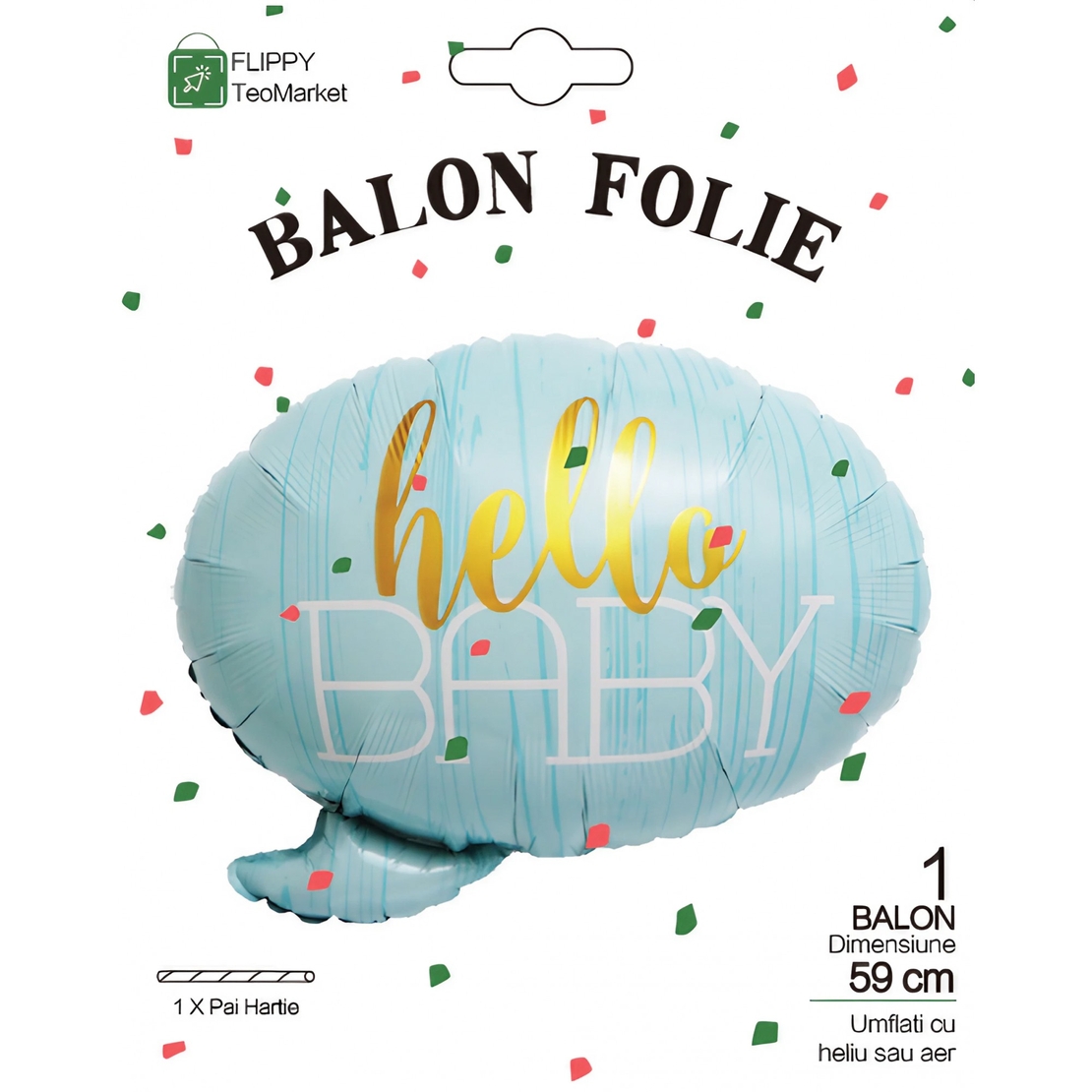Balon din Folie Metalizata, Vafy, Figurina Norisor, Tema Hello Baby , 59x50 cm, Ambalaj Individual, Pai Inclus, Umflare cu Aer sau Heliu, Albastru