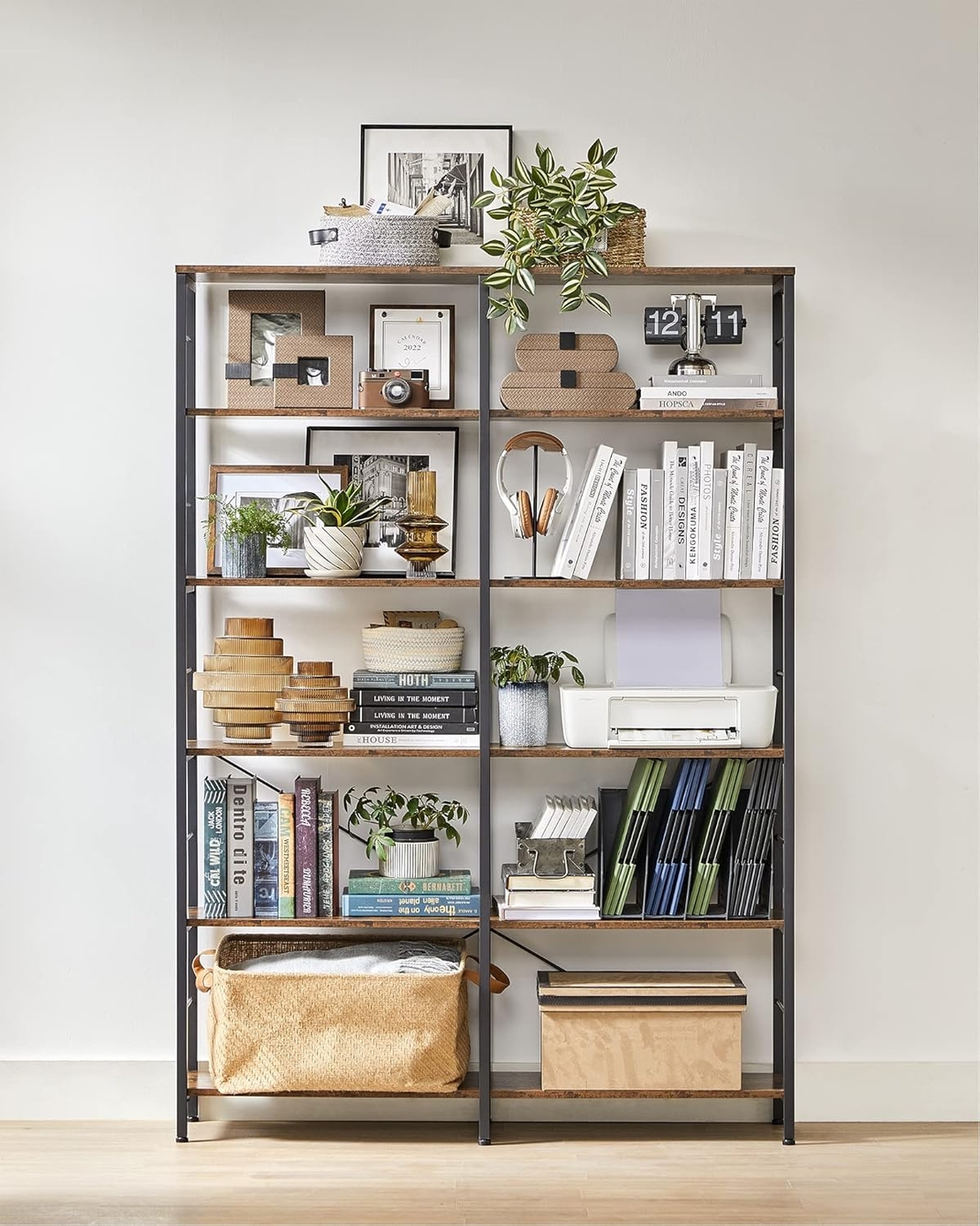 VASAGLE Biblioteca 6 rafturi, cadru metalic, stil industrial, 30x120x170 cm, maro rustic