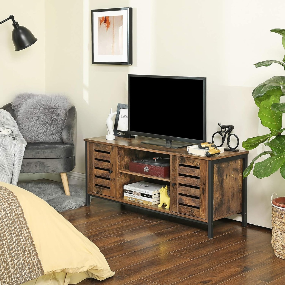 VASAGLE Comoda joasa pentru suport TV, cu rafturi si 2 spatii de depozitare cu usa, stil industrial, 110x40x50cm, maro rustic si negru