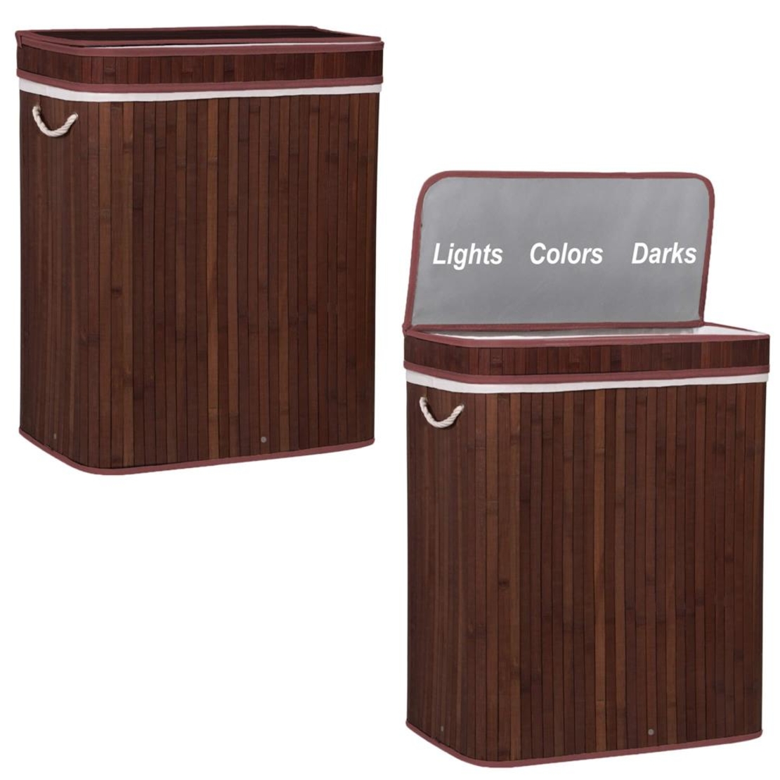 Cos de rufe cu capac si 3 compartimente, sac textil detasabil, 100 litri, 51x32x63 cm, maro
