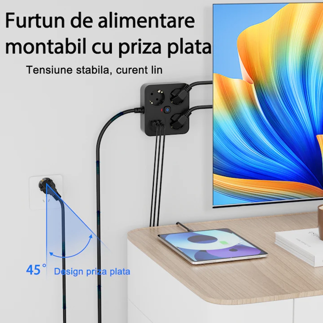 Prelungitor Multifunctional pentru Birou, Vafy, 3 Prize, 2 USB-A, 2 TYPE-C, Suport pentru Telefon, 3250W, Lungime Cablu 2 m, 11.4 x 12.4 cm, Negru