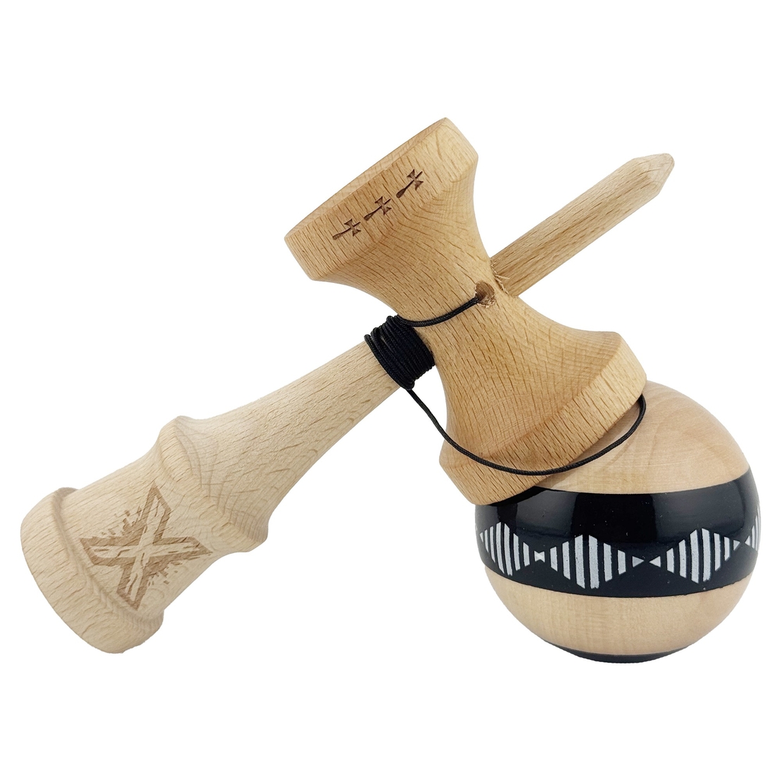 Kendama X FREQUENCY Originala, Profesionala, Flippy, Big Cups V2, Super Sticky cu Cupe Mari, Rulment Metalic, din lemn 18 cm, Ata 55 cm, Negru/Maro