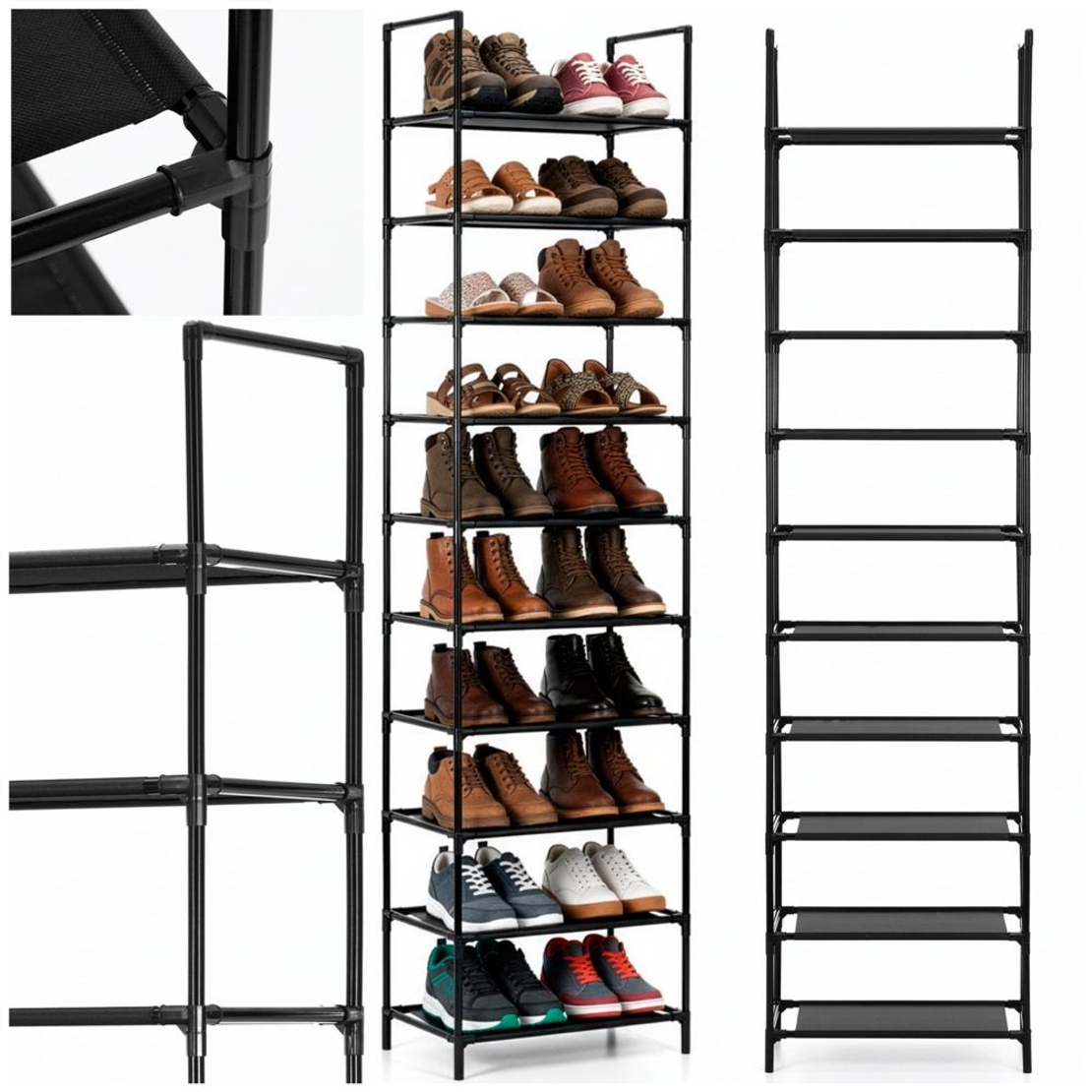 Raft pantofi inalt cu 10 polite, structura metalica si rafturi textile, 45x28x178 cm, negru