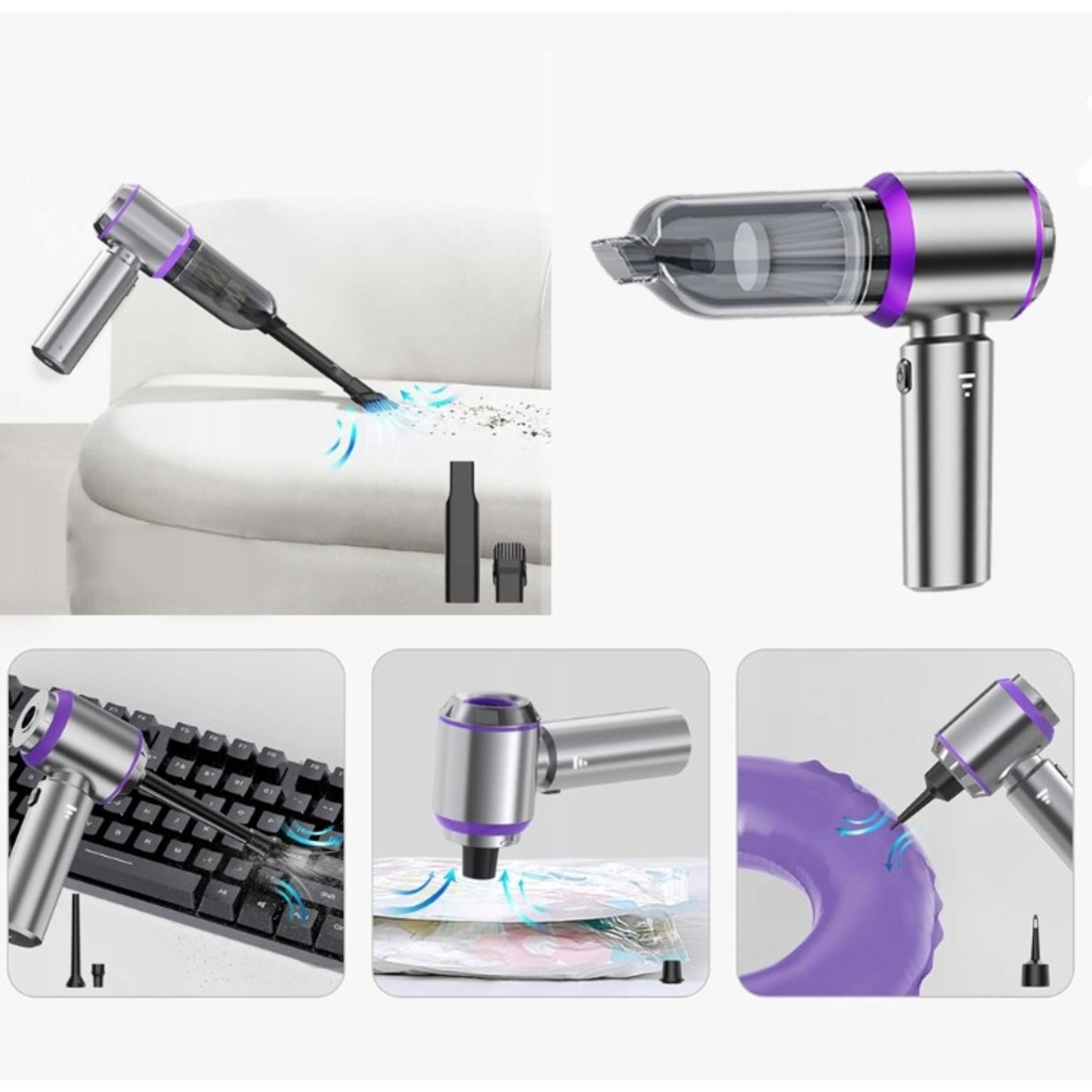 Aspirator Portabil Auto, Flippy, pentru Casa si Masina, 3 Viteze, Incarcator Tip-C cu Incarcare Rapida, Tub Prelungitor, 2000mAh, 7 Capete de Aspirare si Suflare, 21x20x6.5 cm, Argintiu Mov