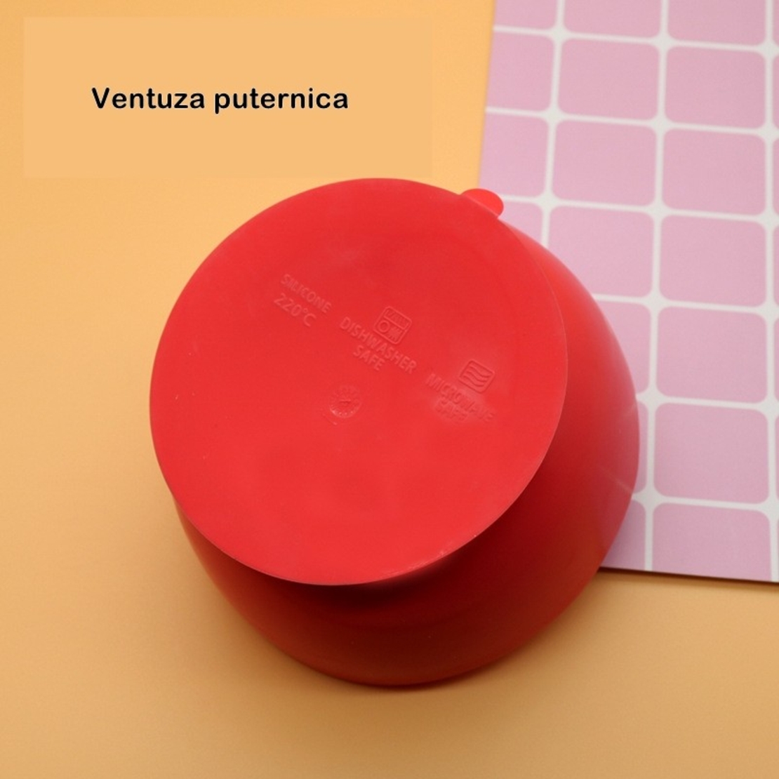 Set 2 piese diversificare bebelusi si copii din silicon Flippy, bol cu ventuza, lingurita din lemn si silicon, pentru gustari, fara alergeni, rosu