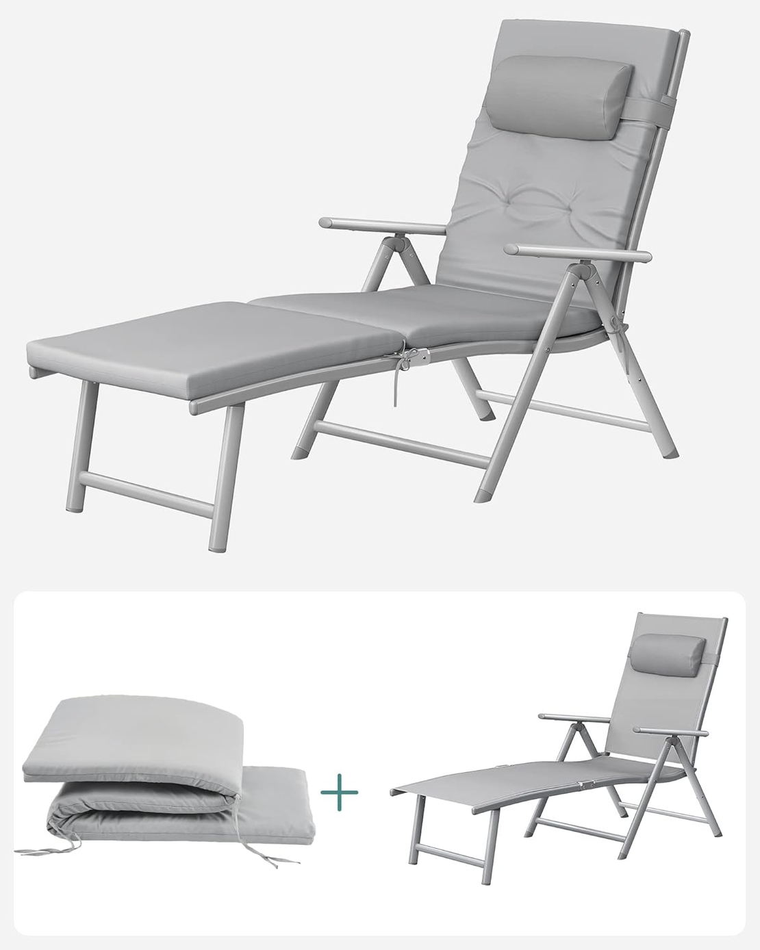 SONGMICS Sezlong pliabil, cu saltea groasa si tetiera, spatar reglabil, maxim 150kg, 183x60x39cm, gri