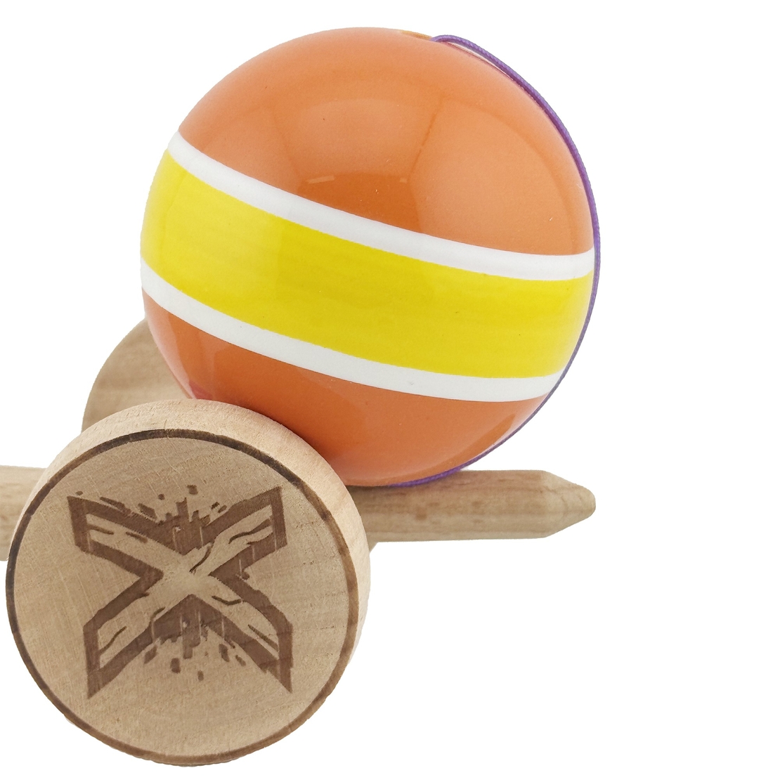 Kendama X Originala, Profesionala, Flippy, Big Cups V2, Super Sticky Legendary Cupe Mari, Rulment Metalic cu Ata 55 cm, Portocaliu/Galben/Alb