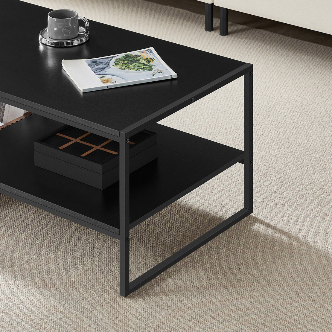 VASAGLE Masuta cafea cu sertar si raft inferior, structura otel, 100x55x45 cm, negru