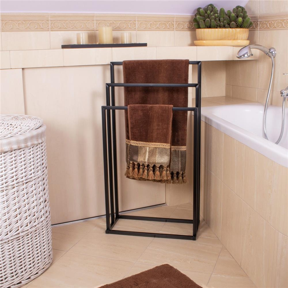 Suport metalic de baie pentru prosoape, cu 3 standuri, 84 cm, negru