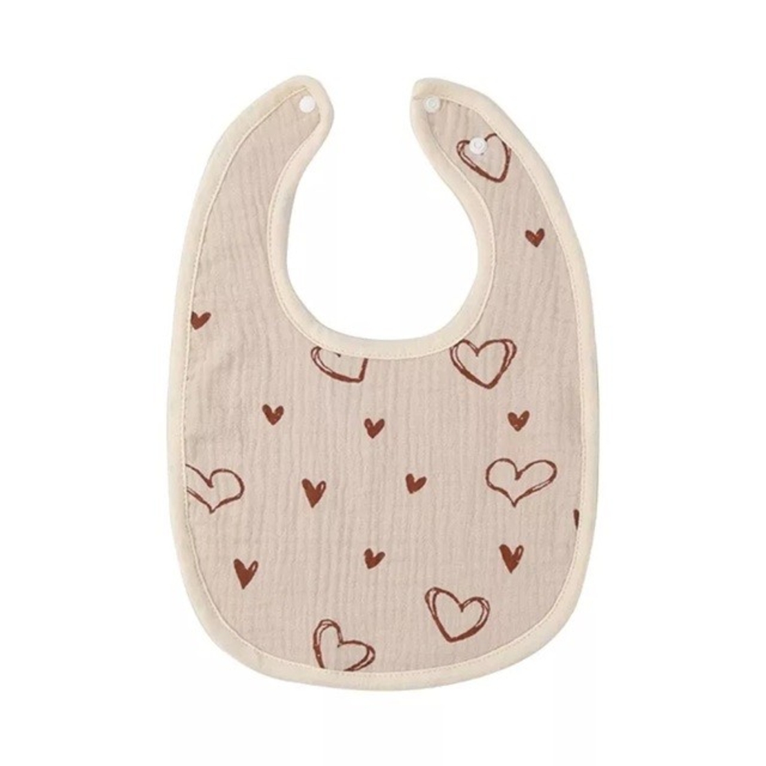 Baveta in Forma de U, Flippy, din Bumbac, pentru Copii 0-12 Luni, Rezistenta la Apa, cu Capse, Model cu Inimoare, 21x30 cm, Bej