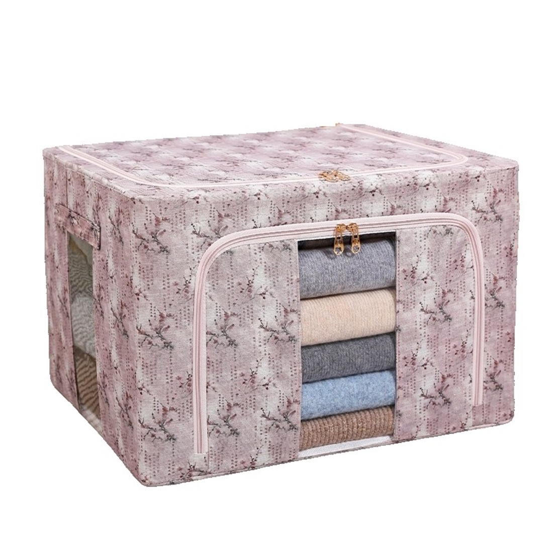 Cutie Depozitare, Vafy, 66L, din Material Textil, 50 x 40 x 33 cm, pentru Haine si Lenjerii, Model Floare de Prun, Roz