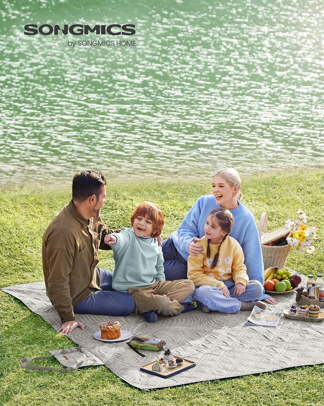 SONGMICS Patura picnic impermeabila 200x200 cm, cu ancore de fixare, pliabila, lavabila, multistrat, kaki cu model tropical